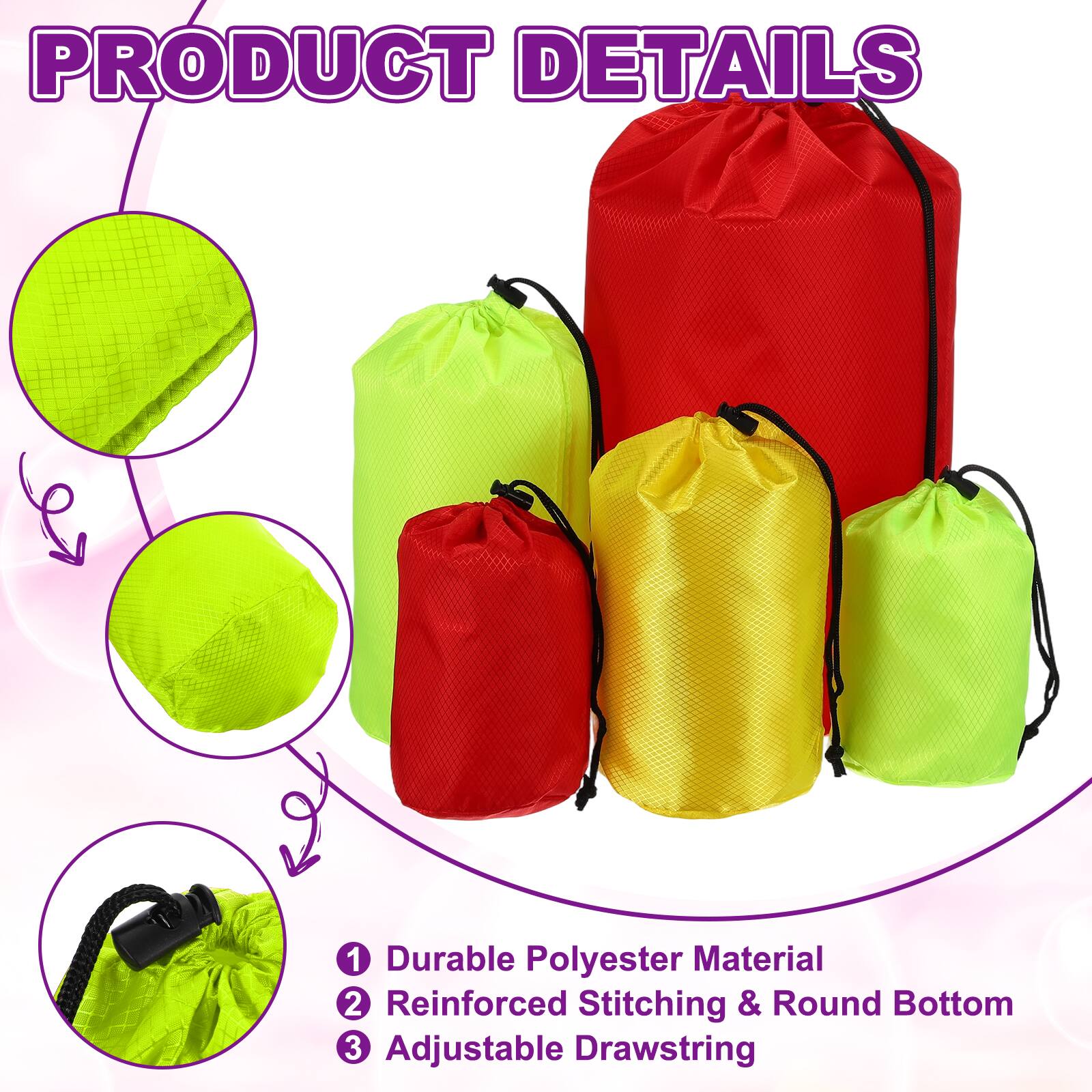 PRODUCT DETAILS

1. Durable Polyester Material
2. Reinforced Stitching & Round Bottom
3. Adjustable Drawstring