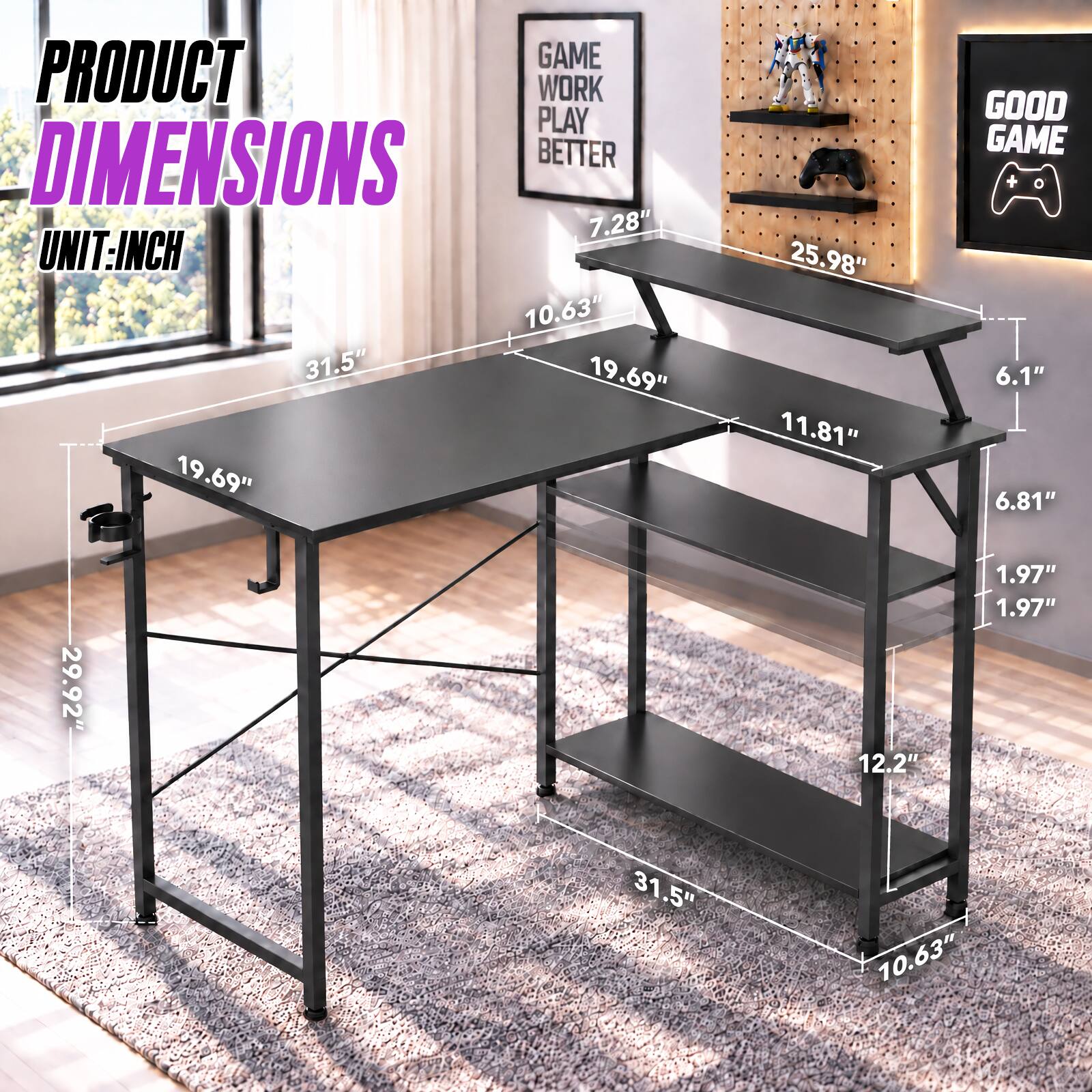 PRODUCT DIMENSIONS  
UNIT: INCH  

- 31.5"  
- 19.69"  
- 10.63"  
- 25.98"  
- 11.81"  
- 6.1"  
- 6.81"  
- 29.92"  
- 12.2"  
- 1.97"  
- 1.97"