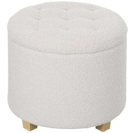 Front. Homcom - 18" Round Teddy Fleece Ottoman, Removable Lid - White.