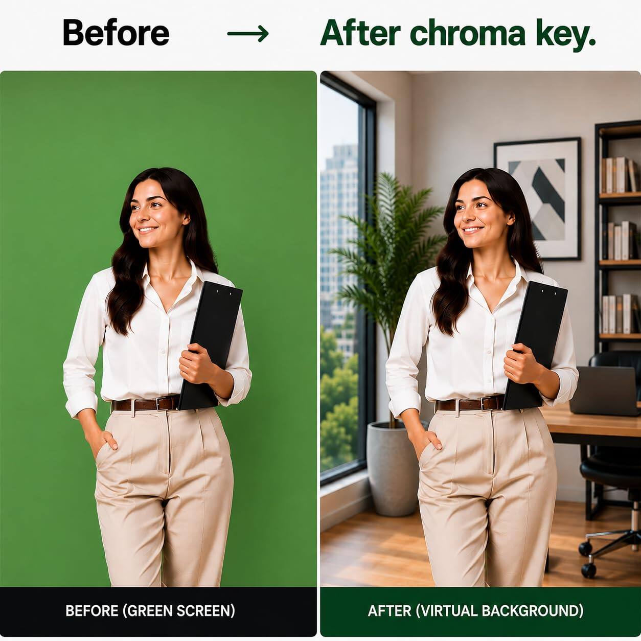 Before  
After chroma key.  

BEFORE (GREEN SCREEN)  
AFTER (VIRTUAL BACKGROUND)