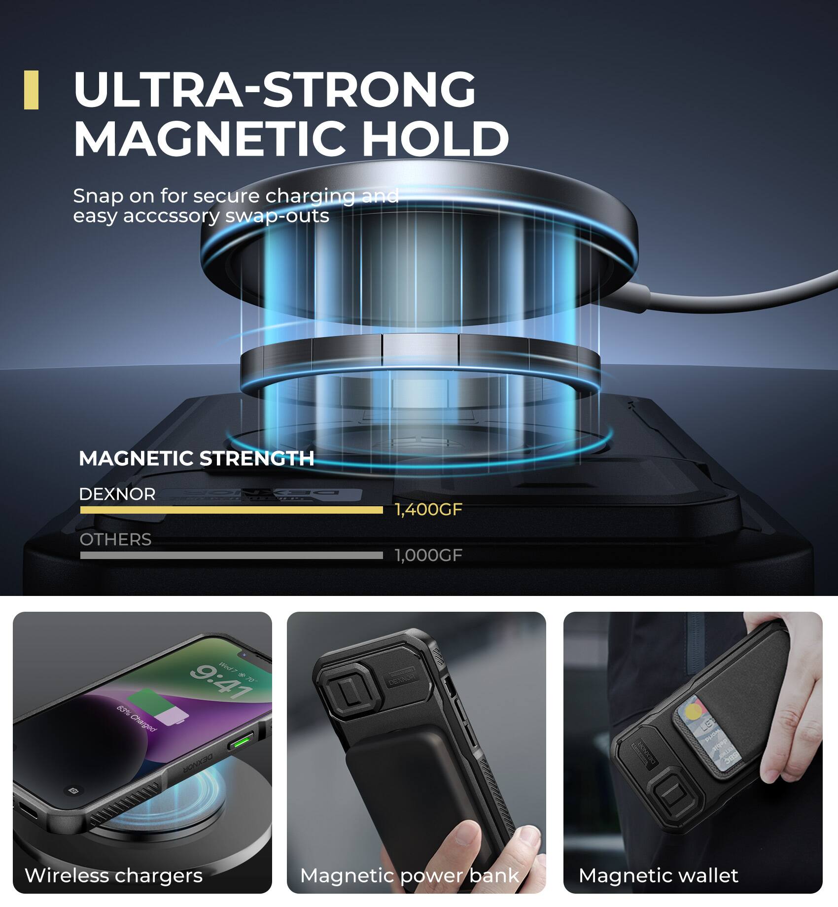 ULTRA-STRONG MAGNETIC HOLD  
Snap on for secure charging and easy accessory swap-outs  

MAGNETIC STRENGTH  
DEXNOR 1,400GF  
OTHERS 1,000GF  

9:41  
8P% Charged  

Wireless chargers  
Magnetic power bank  
Magnetic wallet