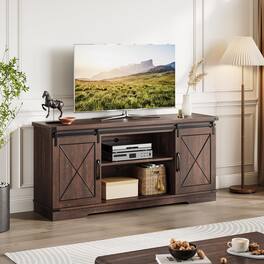 Acekool - Farmhouse 59" TV Stand Up to 65 Inches, Mid Century Modern TV Entertainment Center with Storage Cabinets & Open Shelves - Brown
