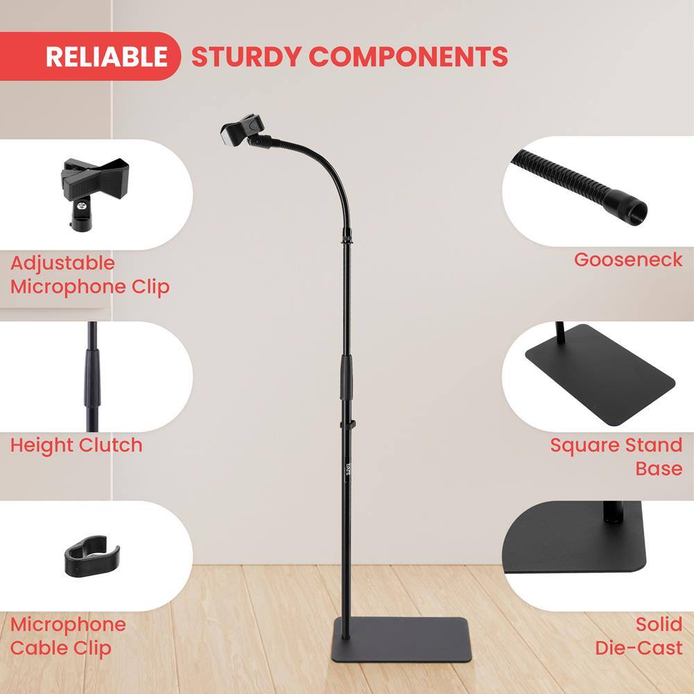 RELIABLE STURDY COMPONENTS

- Adjustable Microphone Clip
- Height Clutch
- Gooseneck
- Square Stand Base
- Microphone Cable Clip
- Solid Die-Cast