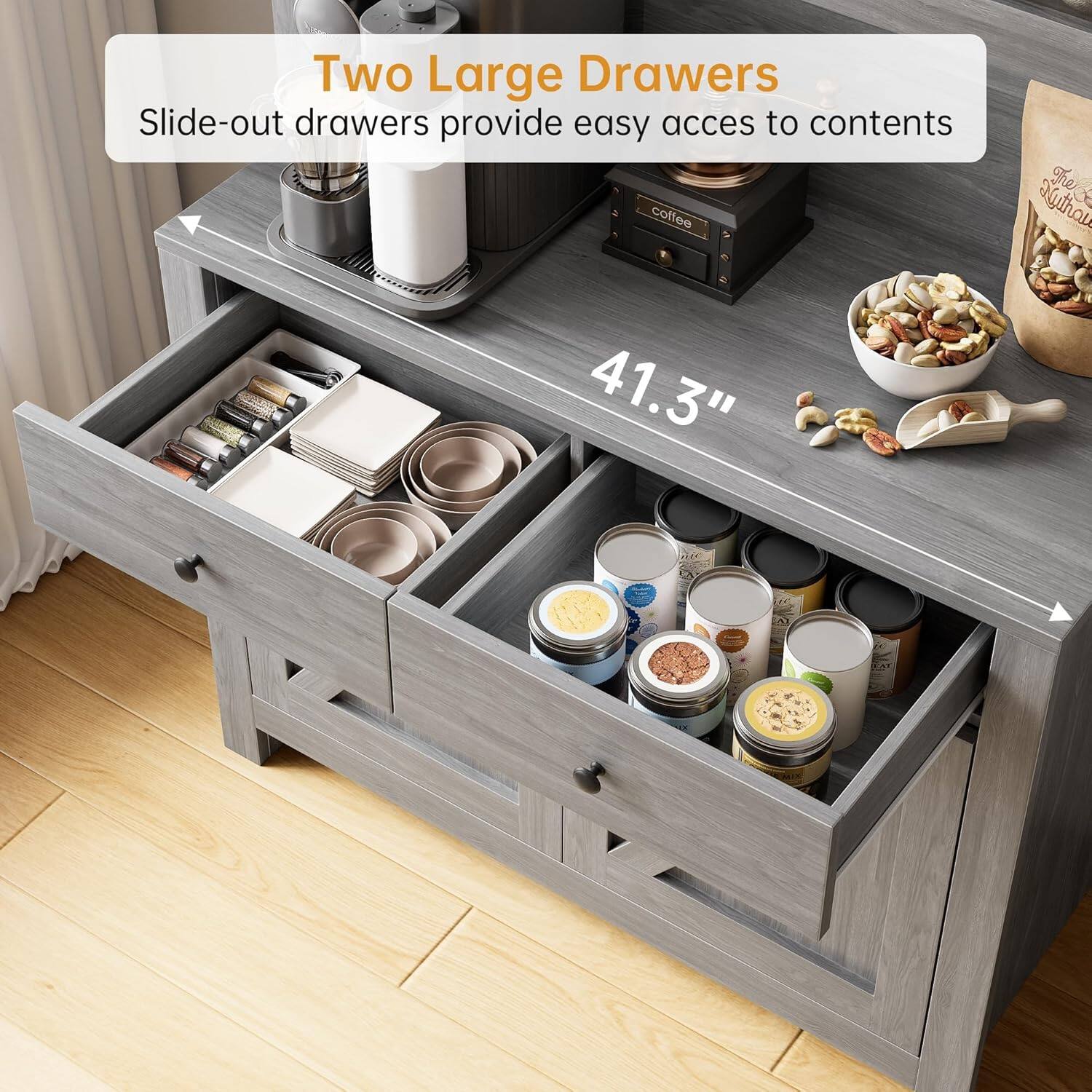 Two Large Drawers  
Slide-out drawers provide easy access to contents  
41.3"