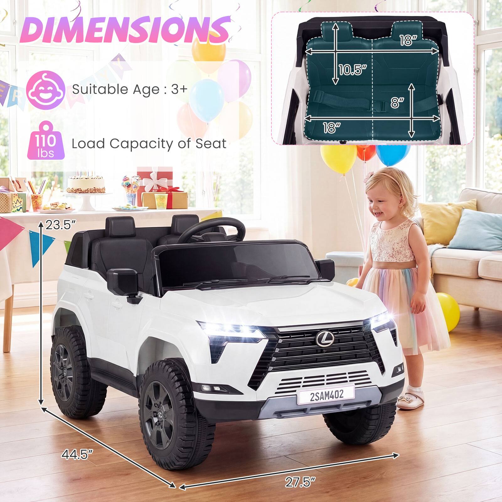 DIMENSIONS  
Suitable Age: 3+  
Load Capacity of Seat: 110 lbs  

10.5"  
18"  
8"  
18"  
23.5"  
44.5"  
27.5"