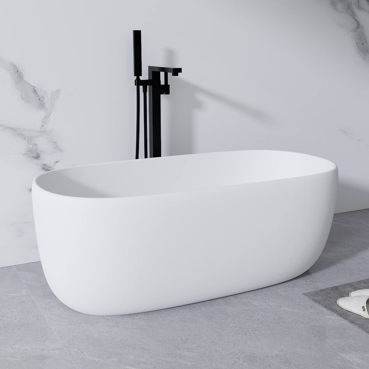 Alt View 2. Loheer - Loheer Freestanding Resin Stone Soaking Bathtub, Matte White Solid Surface Oval Tub with Center Drain, 51 Inch - Matte White.