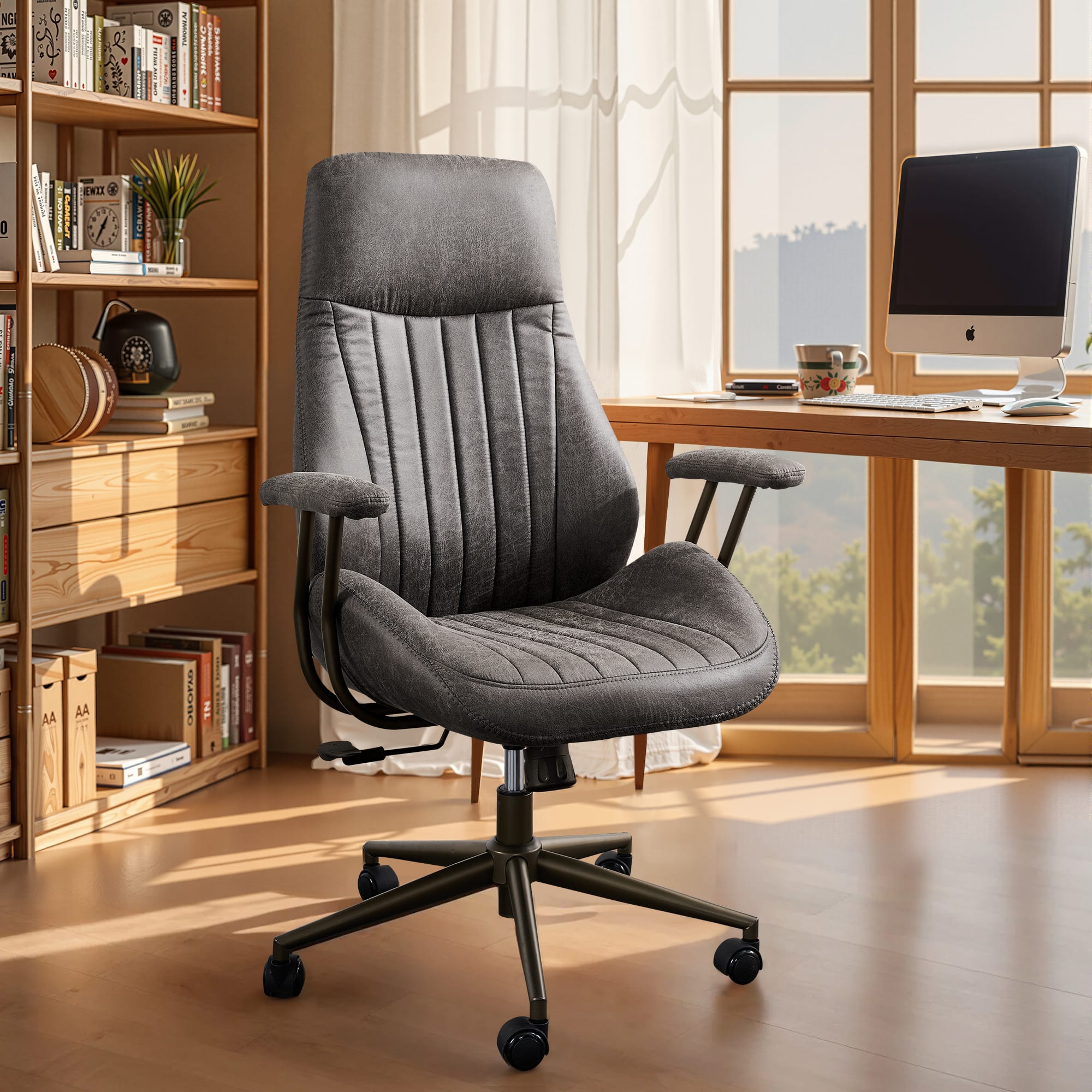 Ovios - Ergonomic High Back Office Chair, 300lb Capacity, Suede Fabric & Smooth Rolling Wheels for Workspace - Dark Gray