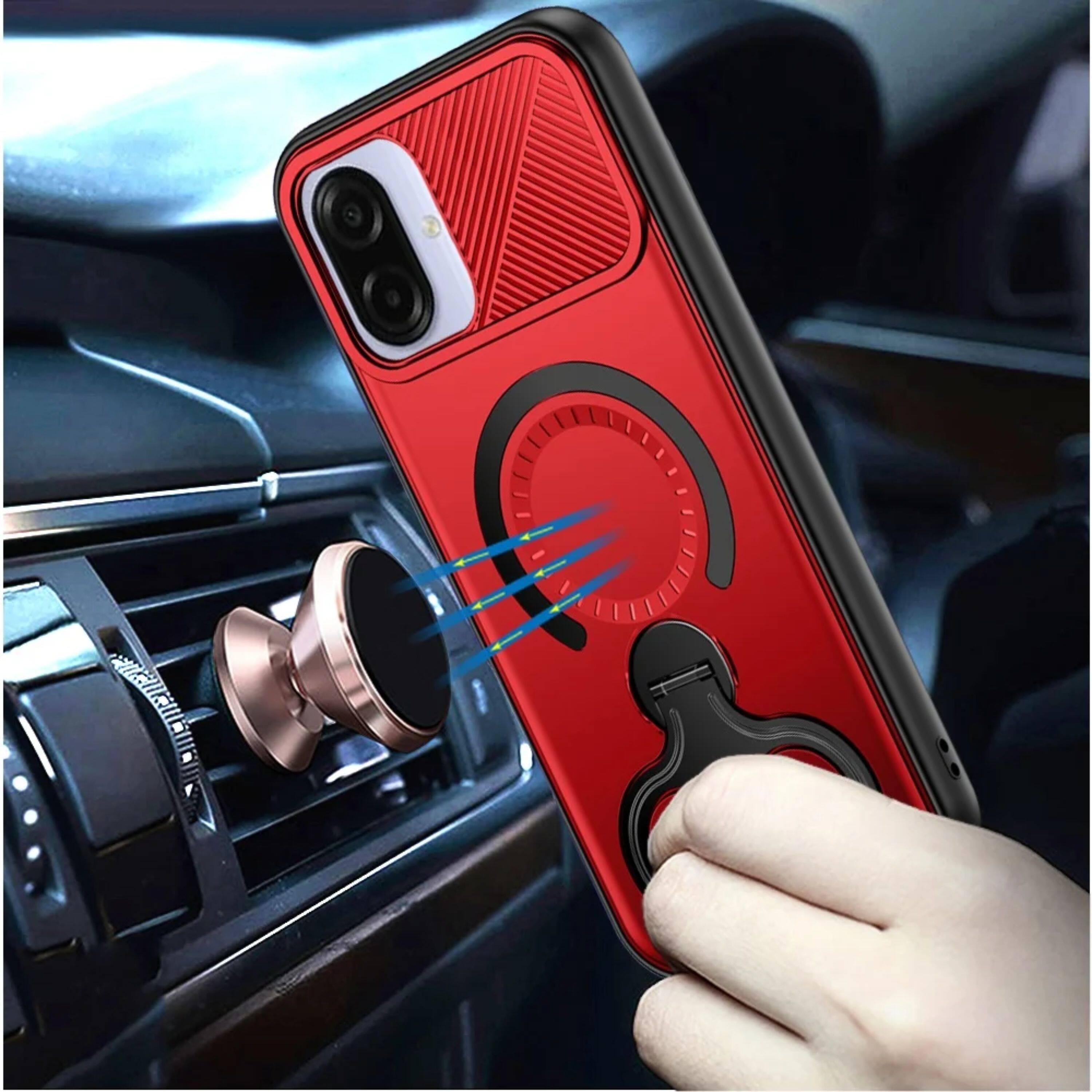 Left. Kitcheniva - Shockproof Magnetic Circle Dual Finger 360 Ring Stand Phone Case With Tempered Glass For Samsung Galaxy A07 Red - Red.