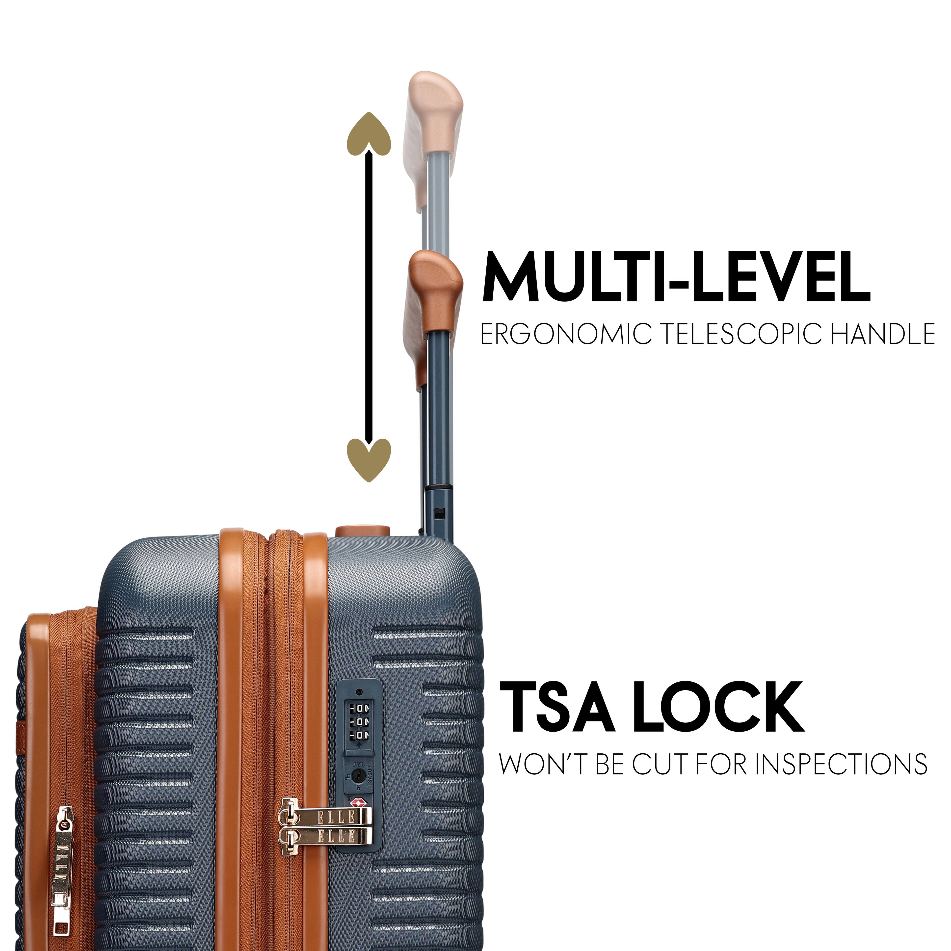 MULTI-LEVEL ERGONOMIC TELESCOPIC HANDLE

TSA LOCK
WON'T BE CUT FOR INSPECTIONS
