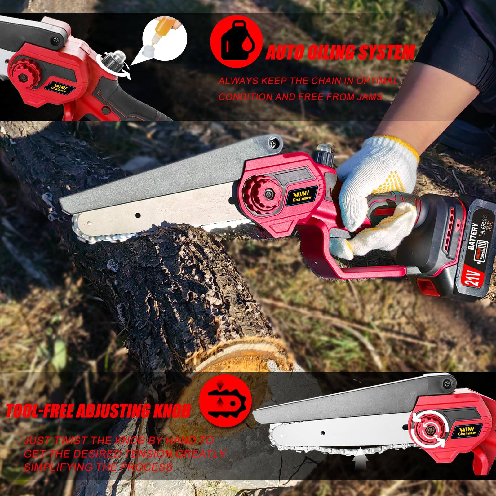 AUTO OILING SYSTEM  
ALWAYS KEEP THE CHAIN IN OPTIMAL CONDITION AND FREE FROM JAMS  

TOOL-FREE ADJUSTING KNOB  
JUST TWIST THE KNOB BY HAND TO GET THE DESIRED TENSION, GREATLY SIMPLIFYING THE PROCESS