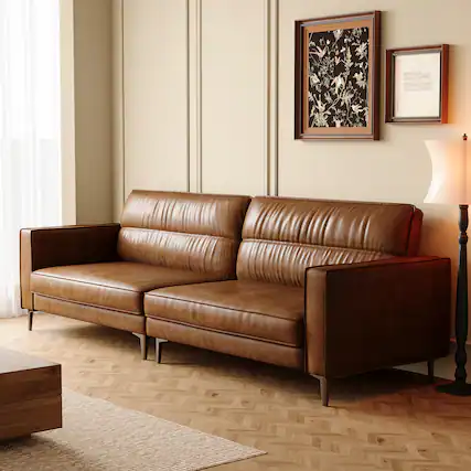 Front. luck idea - Luxury Vintage Oil-Waxed Leather Sofa 86.61" Sturdy Frame & Couch Comfortable Seating-High-End Living Room Couch - Brown.
