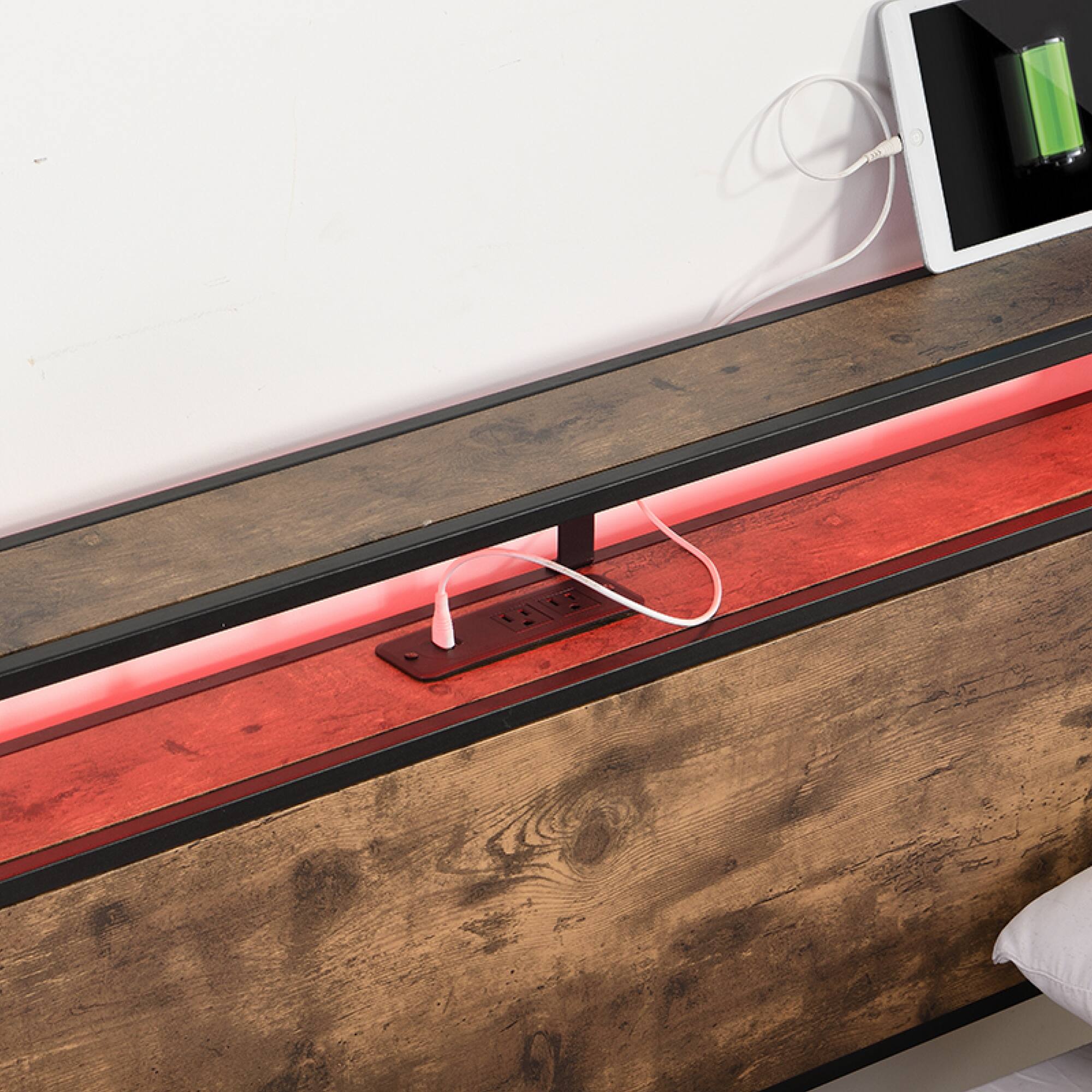 Alt View 6. GOODSILO - Full Size Storage Bed Frame with Charging Station and LED Lighting for Modern Bedrooms - Black+Brown.