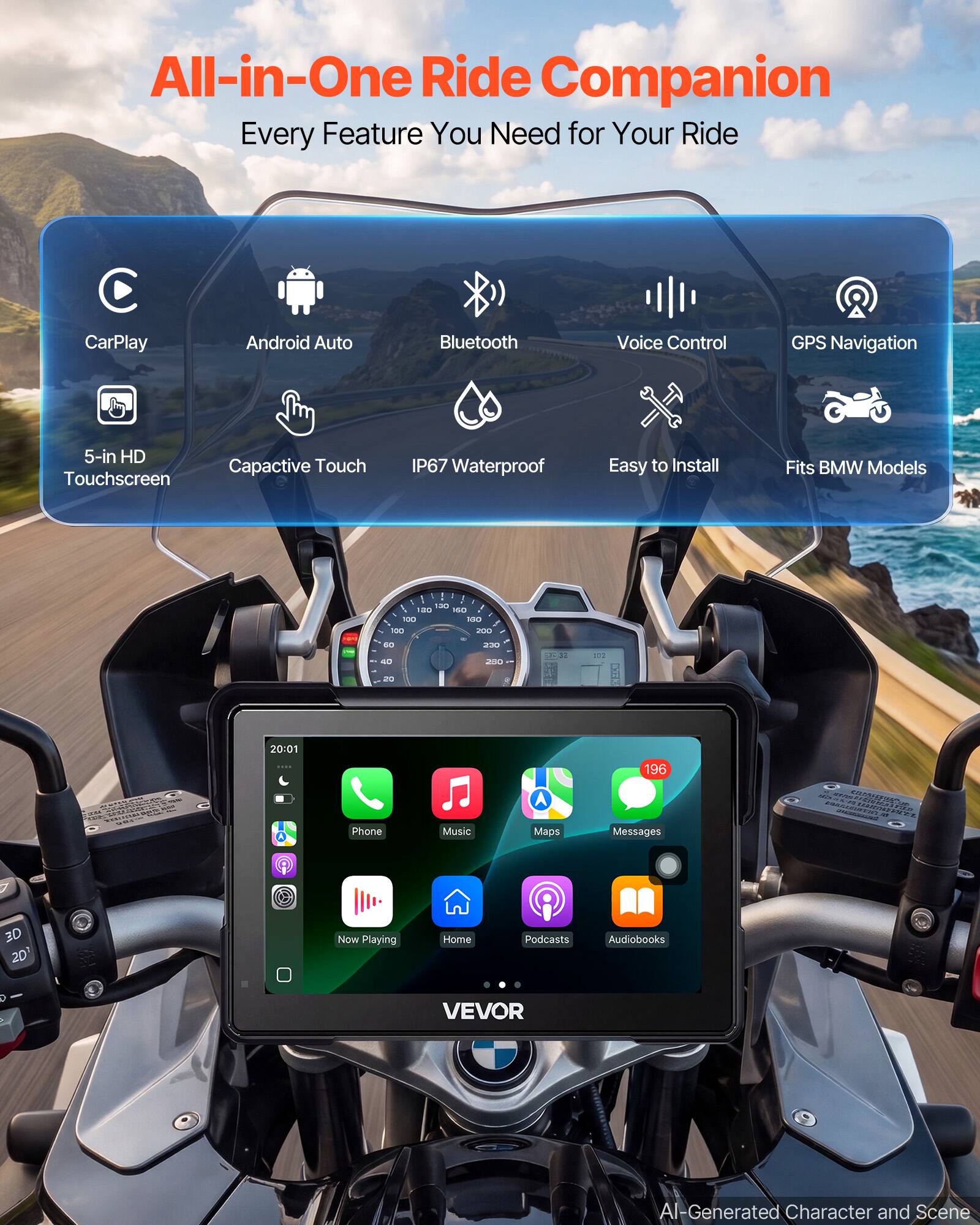 All-in-One Ride Companion  
Every Feature You Need for Your Ride

- CarPlay
- Android Auto
- Bluetooth
- Voice Control
- GPS Navigation
- 5-in HD Touchscreen
- Capacitive Touch
- IP67 Waterproof
- Easy to Install
- Fits BMW Models

130 180 160 100 100 100 200  
60 40  
230 250  
13.30  
102  
20  
20:01

Phone  
Music  
A Maps  
196 Messages  
TVCTOCOLO.ORG SCREAN MY  
3D 2D  
Now Playing  
Home  
Podcasts  
Audiobooks  
VEVOR  
AI-Generated Character and Scene
