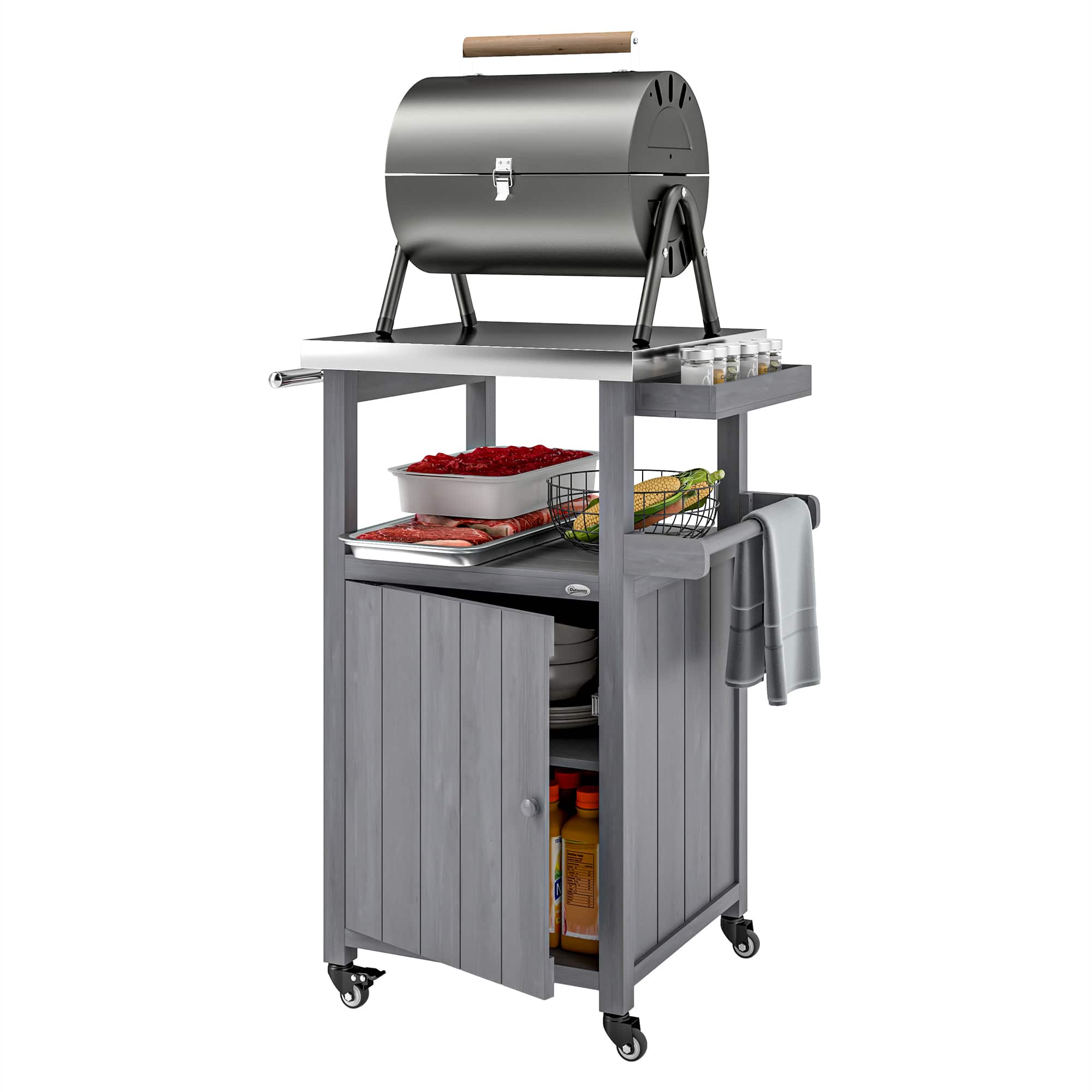 Front. Outsunny - Outdoor Grill Cart with Wheels, Stainless Steel Top, Solid Wood Outdoor Kitchen Island with Storage Cabinet - Dark Gray.