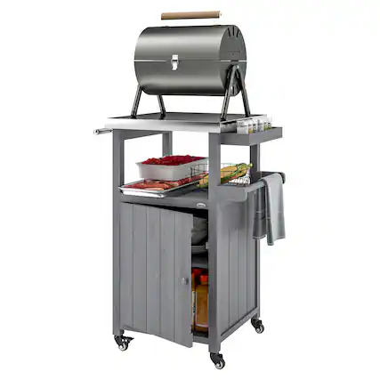 Front. Outsunny - Outdoor Grill Cart with Wheels, Stainless Steel Top, Solid Wood Outdoor Kitchen Island with Storage Cabinet - Dark Gray.