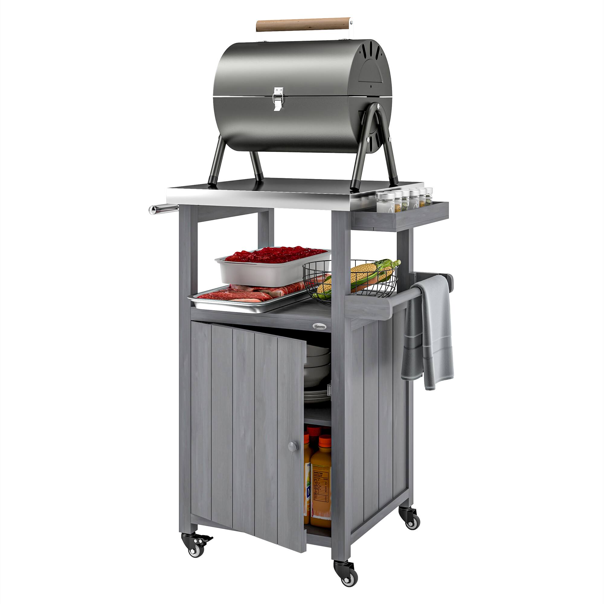 Front. Outsunny - Outdoor Grill Cart with Wheels, Stainless Steel Top, Solid Wood Outdoor Kitchen Island with Storage Cabinet - Dark Gray.