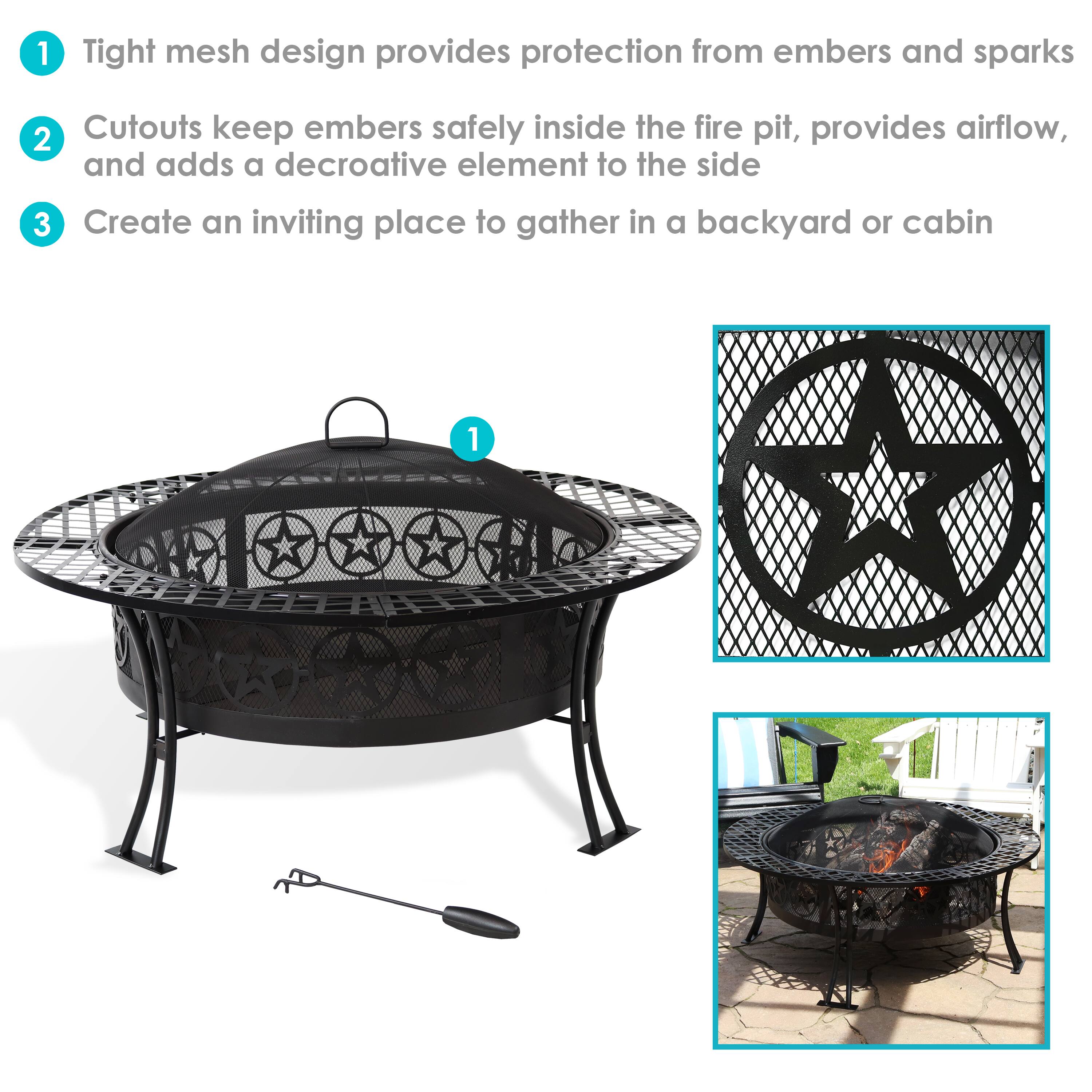 1. Tight mesh design provides protection from embers and sparks  
2. Cutouts keep embers safely inside the fire pit, provides airflow, and adds a decorative element to the side  
3. Create an inviting place to gather in a backyard or cabin