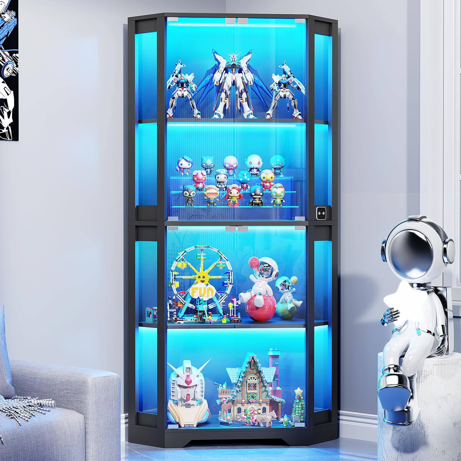 Front. OMOMMD - 65" Corner Glass Display Cabinet with LED Lights & 4 Shelves for Collectibles - Default.