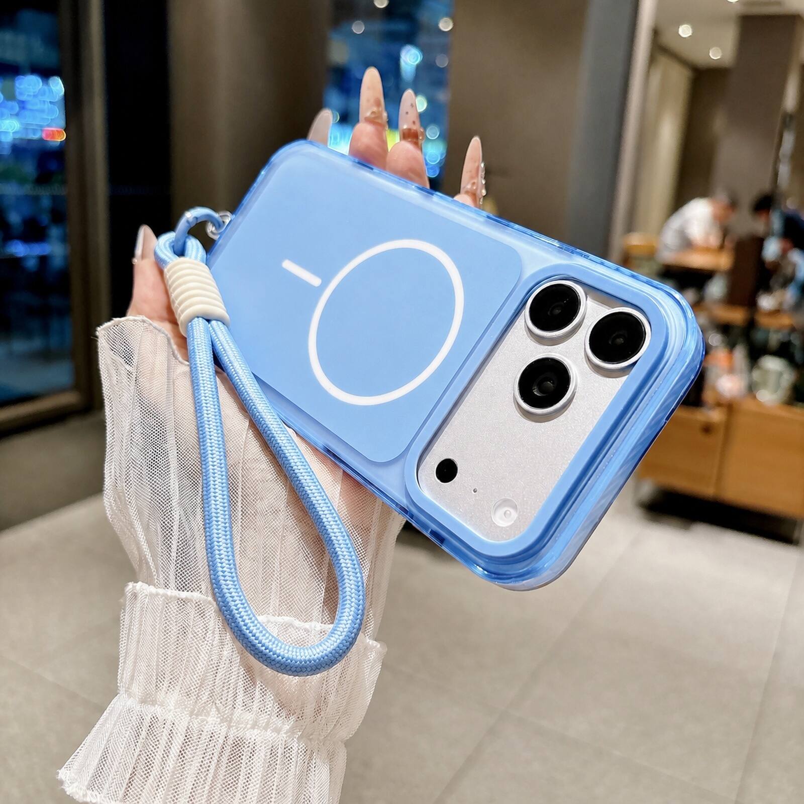 Angle. Dteck - For iPhone 18 Pro Max Magnetic Case Compatible With Magsafe Shockproof Rugged PC Cover With Wrist Strap - Blue.