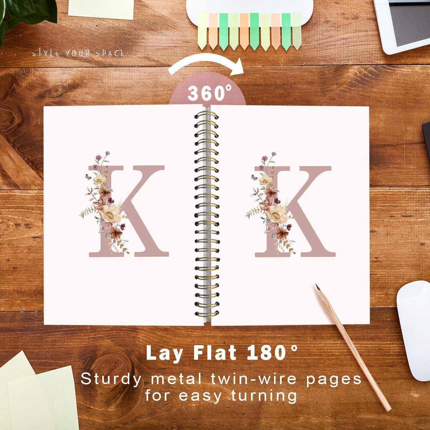 Sure, here is the corrected and grouped text from the image:

---

**Style Your Space**

**360°**

**Lay Flat 180°**

Sturdy metal twin-wire pages for easy turning

---