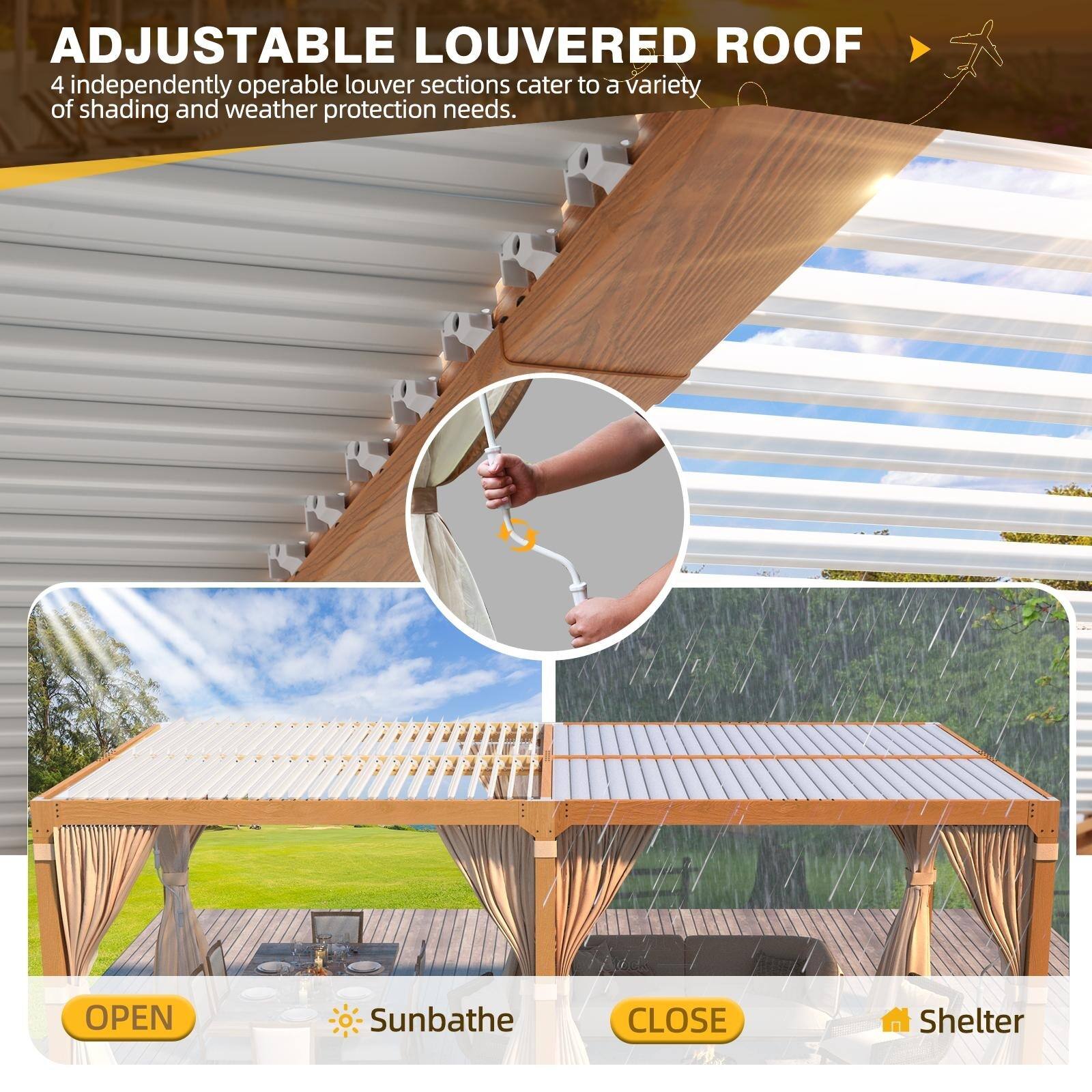 ADJUSTABLE LOUVERED ROOF

4 independently operable louver sections cater to a variety of shading and weather protection needs.

OPEN Sunbathe
CLOSE Shelter