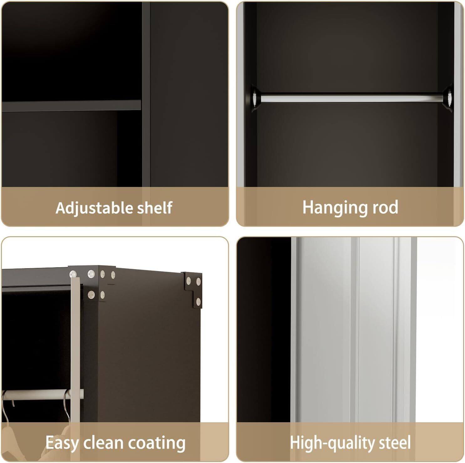 Adjustable shelf  
Hanging rod  
Easy clean coating  
High-quality steel