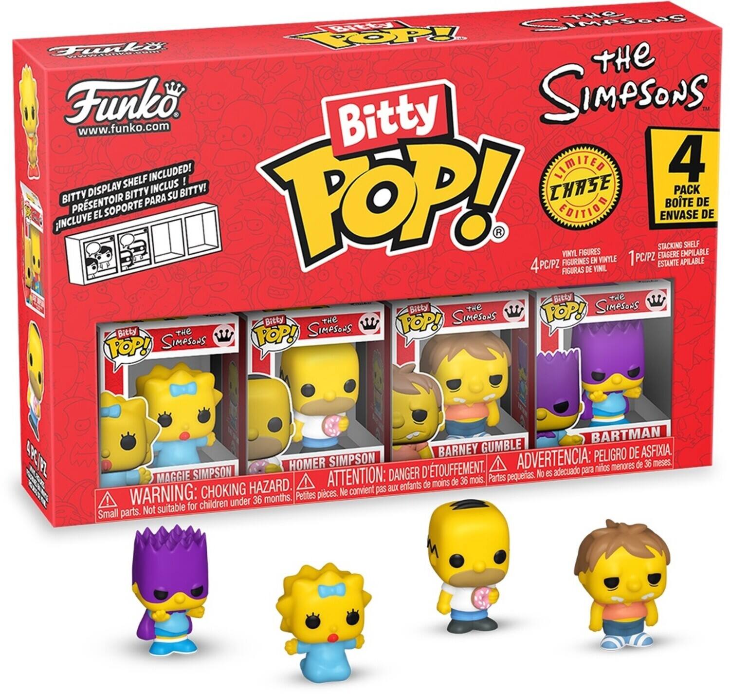 Sure, here is the corrected and grouped text from the image:

---

**Funko**  
www.funko.com

**Bitty POP!**  
**The Simpsons**  
**Limited Chase Edition**

**4 Pack**  
**Boute de Envelope de**  
**4PC/PZ**  
**Figurines de Vinyle**  
**1 Estante Apilable**

**Bitty Display Shelf Included!**  
**Presentoir Bitty Inclus!**  
**Incluye el Soporte para su Bitty!**

**Bitty POP! The Simpsons**  
**Maggie Simpson**

**Bitty POP! The Simpsons**  
**Homer Simpson**

**Bitty POP! The Simpsons**  
**Barney Gumble**

**Bitty POP! The Simpsons**  
**Bartman**

**Warning: Choking Hazard**  
**Attention: Danger d'Étouffement**  
**Advertencia: Peligro de Asfixia**  
**Small parts. Not suitable for children under 36 months.**  
**Petites pièces. Ne convient pas aux enfants de moins de 36 mois.**  
**Partes pequeñas. No es adecuado para