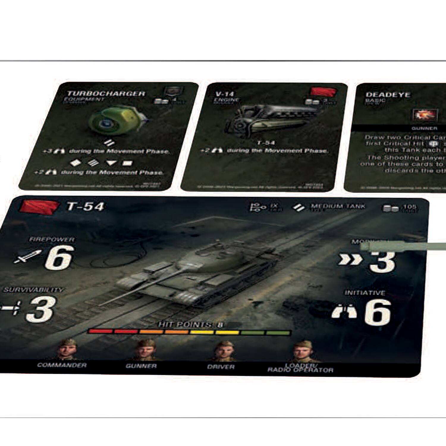 The image features a collection of cards related to a game, possibly a war game. The cards are grouped as follows:

1. Turbocharger Equipment: This card is placed at the top left corner of the image.
2. V-14 Engine: This card is located in the middle-left area of the image.
3. Deadeye: This card is positioned at the top right corner of the image.
4. Basic: This card is placed in the middle-right area of the image.
5. T-54: This card is located in the bottom left corner of the image.
6. Gunner: This card is situated in the middle-left area of the image.
7. Commander: This card is placed in the bottom right corner of the image.
8. Driver: This card is located in the middle-right area of the image.
9. Loader: This card is positioned in the bottom left corner of the image.
10. Radio Operator: This card is placed in the middle-right area of the image.

The image also features a tank card, which is situated in the middle-right area of the image.