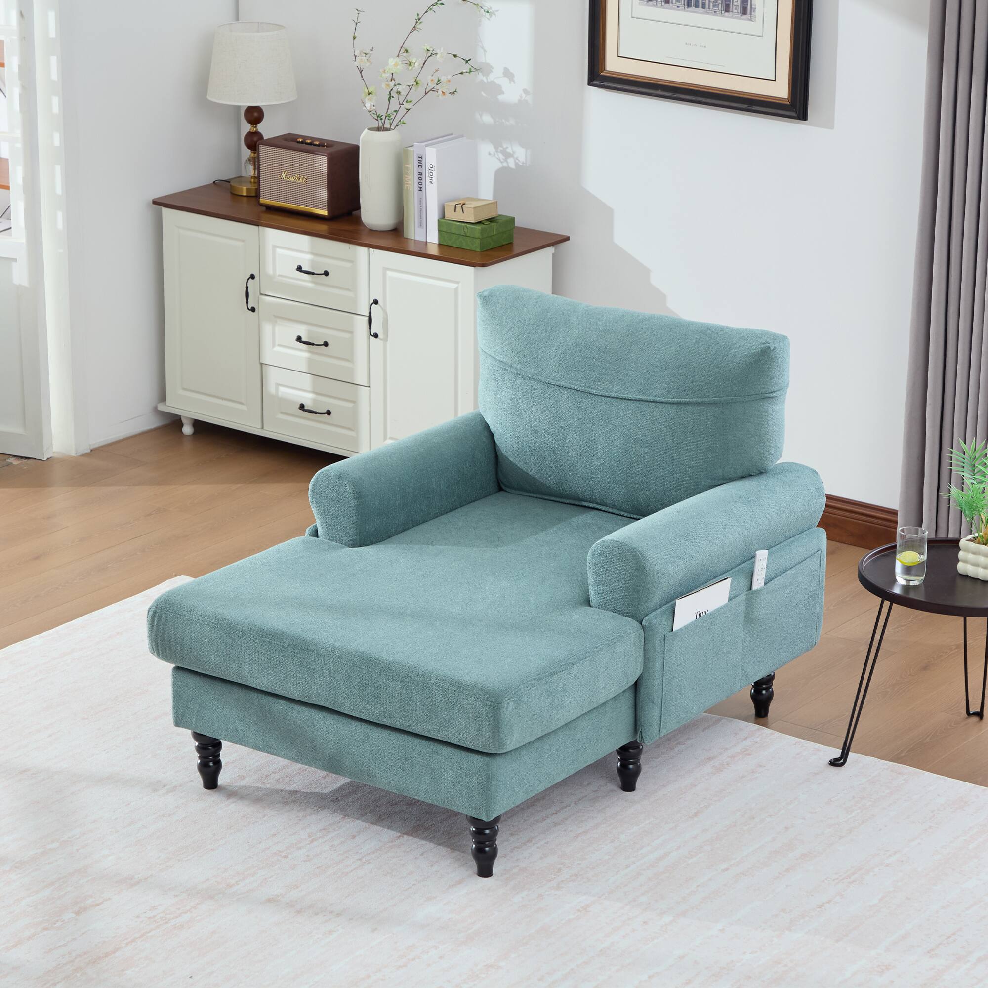 Angle. Trinkets Crazed - Chenille Fabric Chaise Lounge Recliner Single Sofa Living Room Bedroom Rest Chair Wooden Sofa Legs - Mint Green.