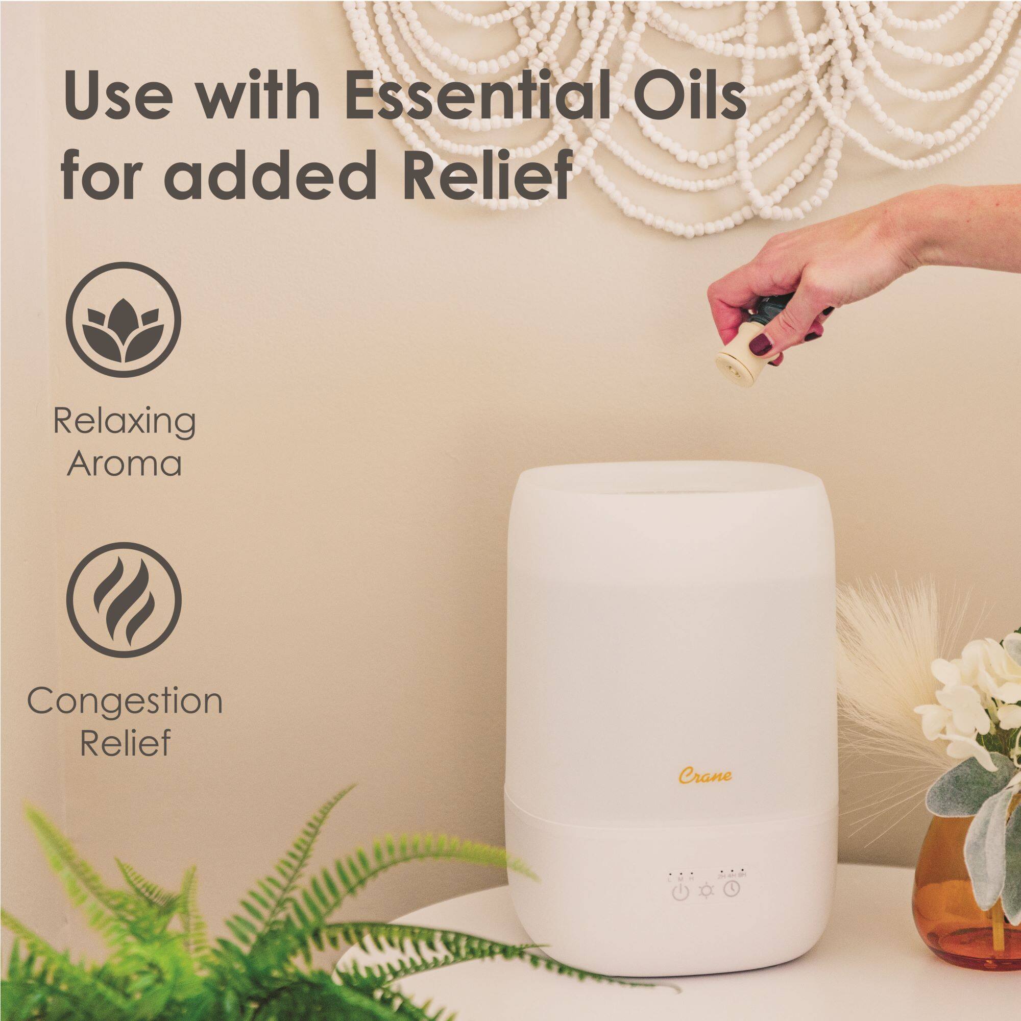 Top. CRANE - Top Fill Cool Mist Humidifier - 1 Gallon with Sleep Support Light & Essential Oil Tray - White.