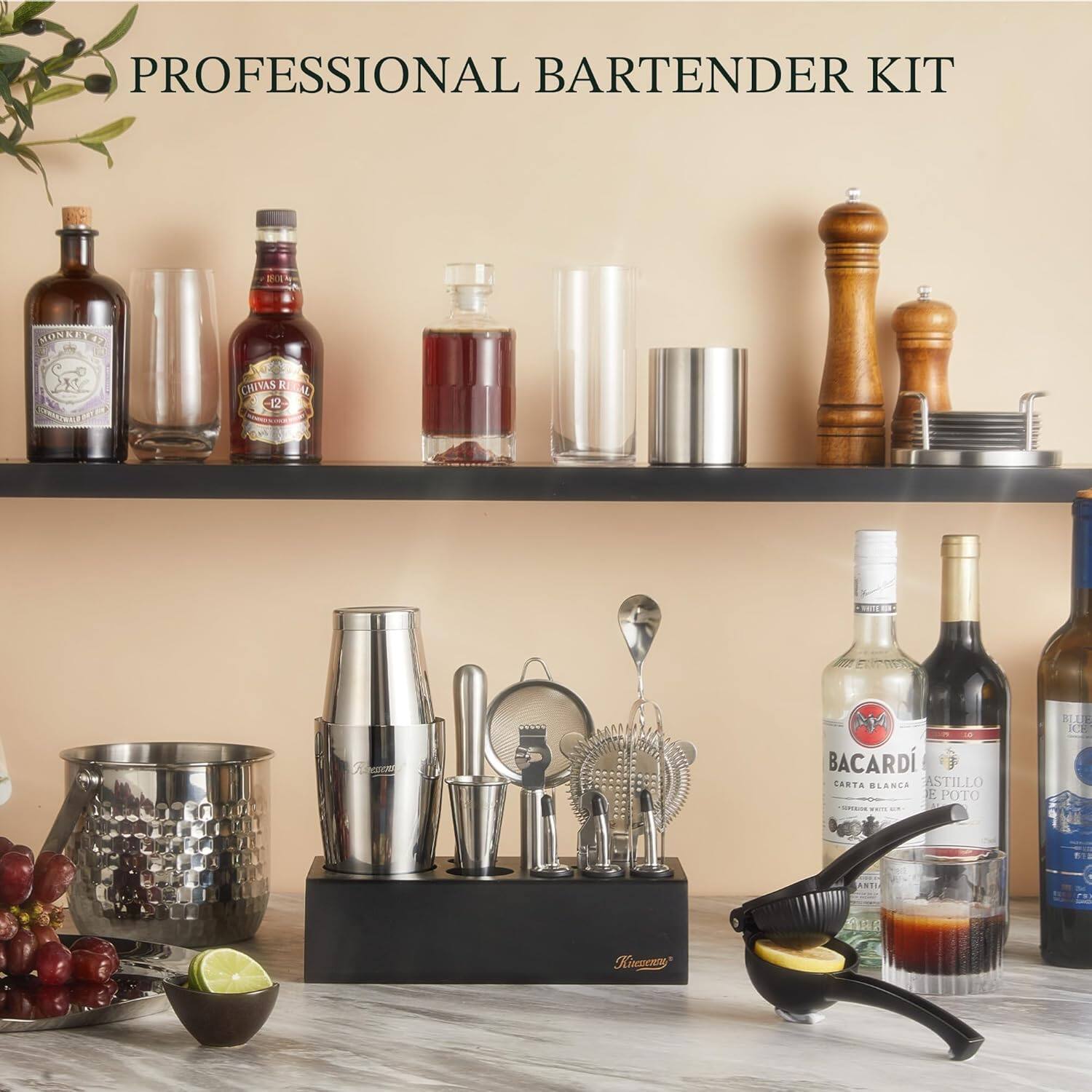 PROFESSIONAL BARTENDER KIT

- BONNEY
- CHIVAS REGAL 12
- BACARDI CARTA BLANCA ASTILLO DE POTO
- Kinpeney