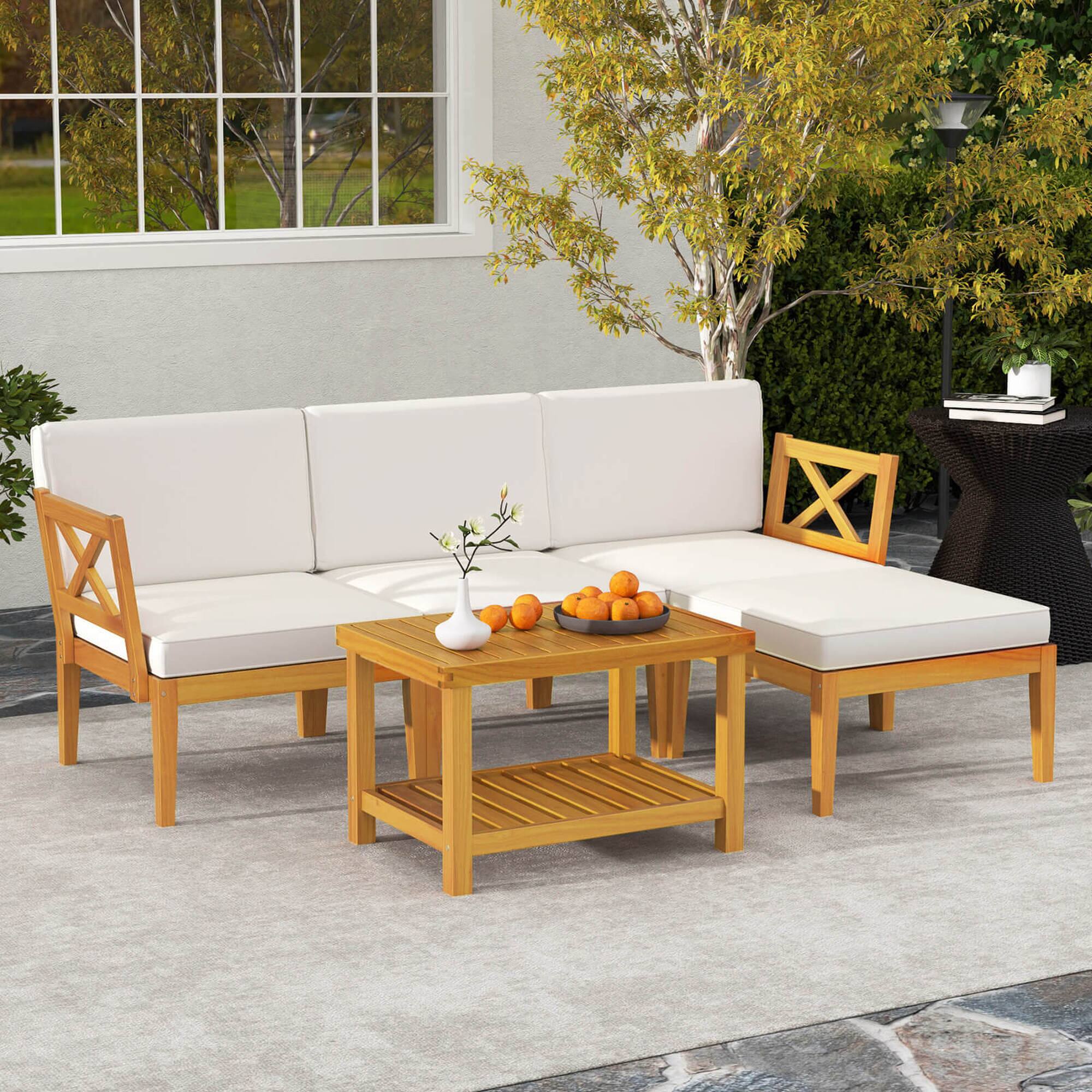 Alt View 1. Costway - 5 PCS Acacia Wood Patio Furniture Set with 2-Tier Coffee Table and Cushions - Off White,Natural.