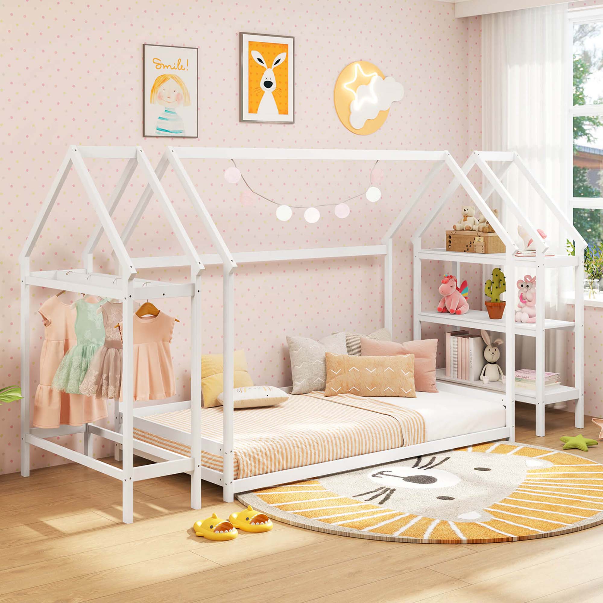 Alt View 2. Costway - Twin Size House Bed Montessori Floor Bed with Detachable Storage Shelves - White.