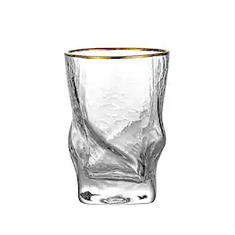 BreeBe - Gold Rimmed Hammer Twist Whiskey Glass (set of 4) - 3.14"W x 4.44" H - Clear with gold rim