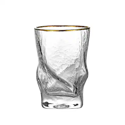 Front. BreeBe - Gold Rimmed Hammer Twist Whiskey Glass (set of 4) - 3.14"W x 4.44" H - Clear with gold rim.