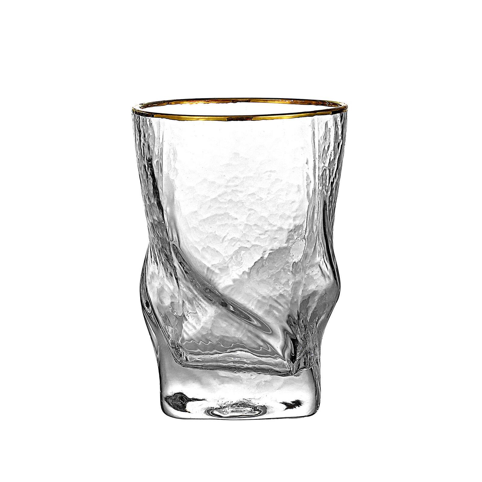 Front. BreeBe - Gold Rimmed Hammer Twist Whiskey Glass (set of 4) - 3.14"W x 4.44" H - Clear with gold rim.
