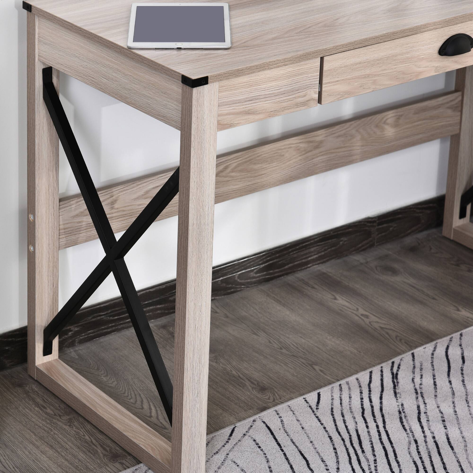 Alt View 7. Homcom - ​​44 inch Home Office Computer Desk, Rustic Writing Desk with Storage Drawer and X-Frame​​ - Wooden Color, Black.