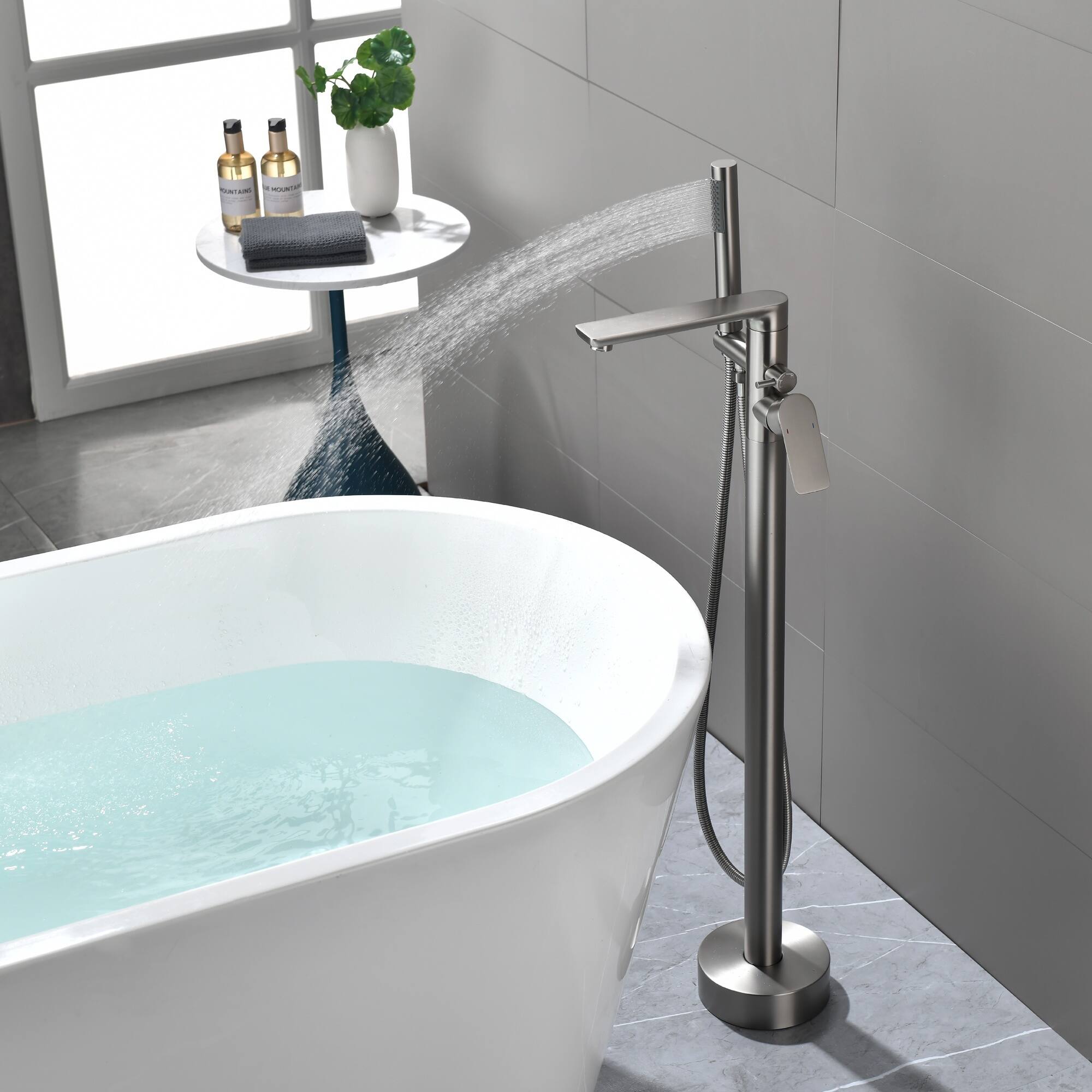 Alt View 2. Boyel Living - Brushed Nickel Freestanding Bathtub Faucet Solid Brass Single Handle 360° Swivel 60-Inch Hose cUPC Certified - Brushed Nickel.