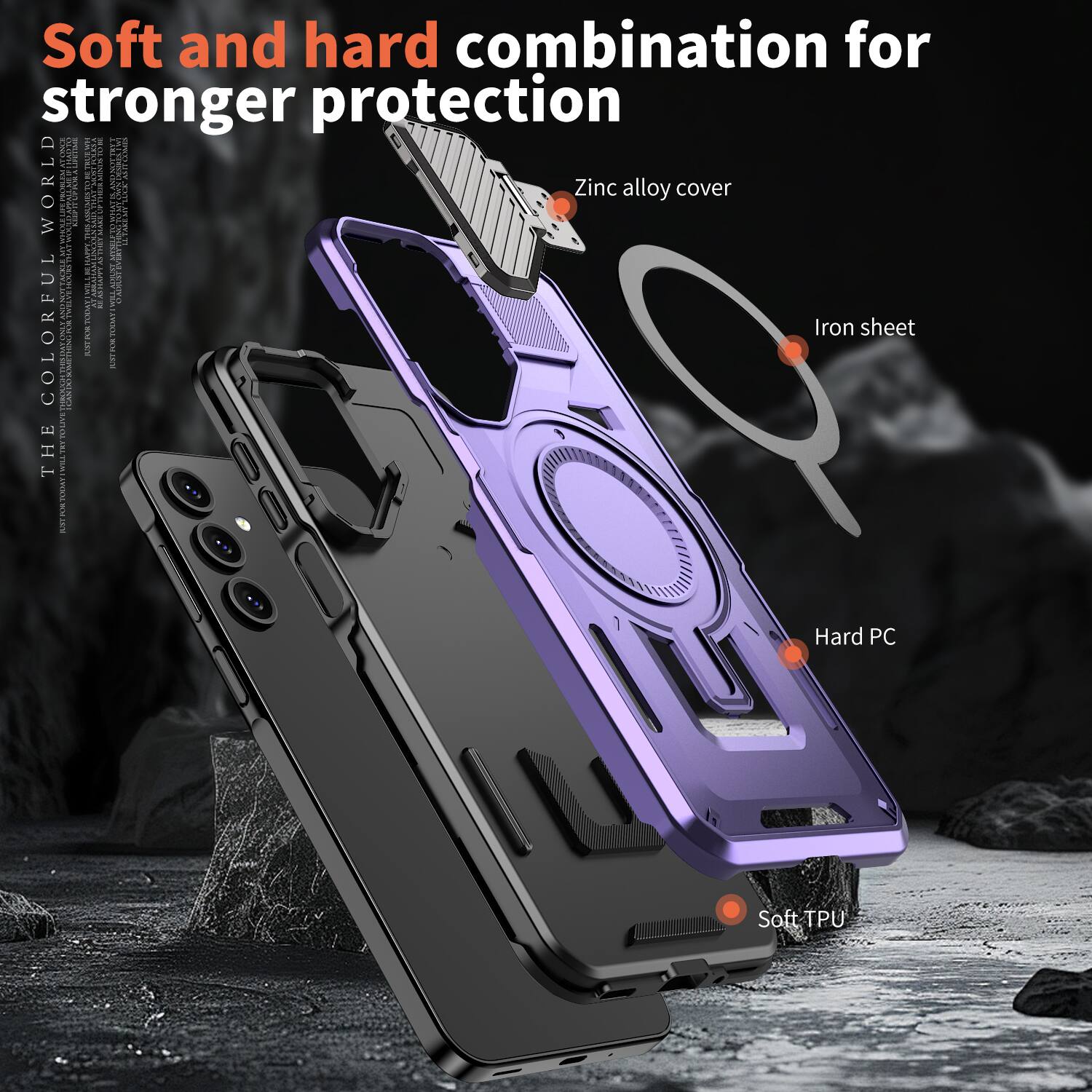 Soft and hard combination for stronger protection

- Zinc alloy cover
- Iron sheet
- Hard PC
- Soft TPU
