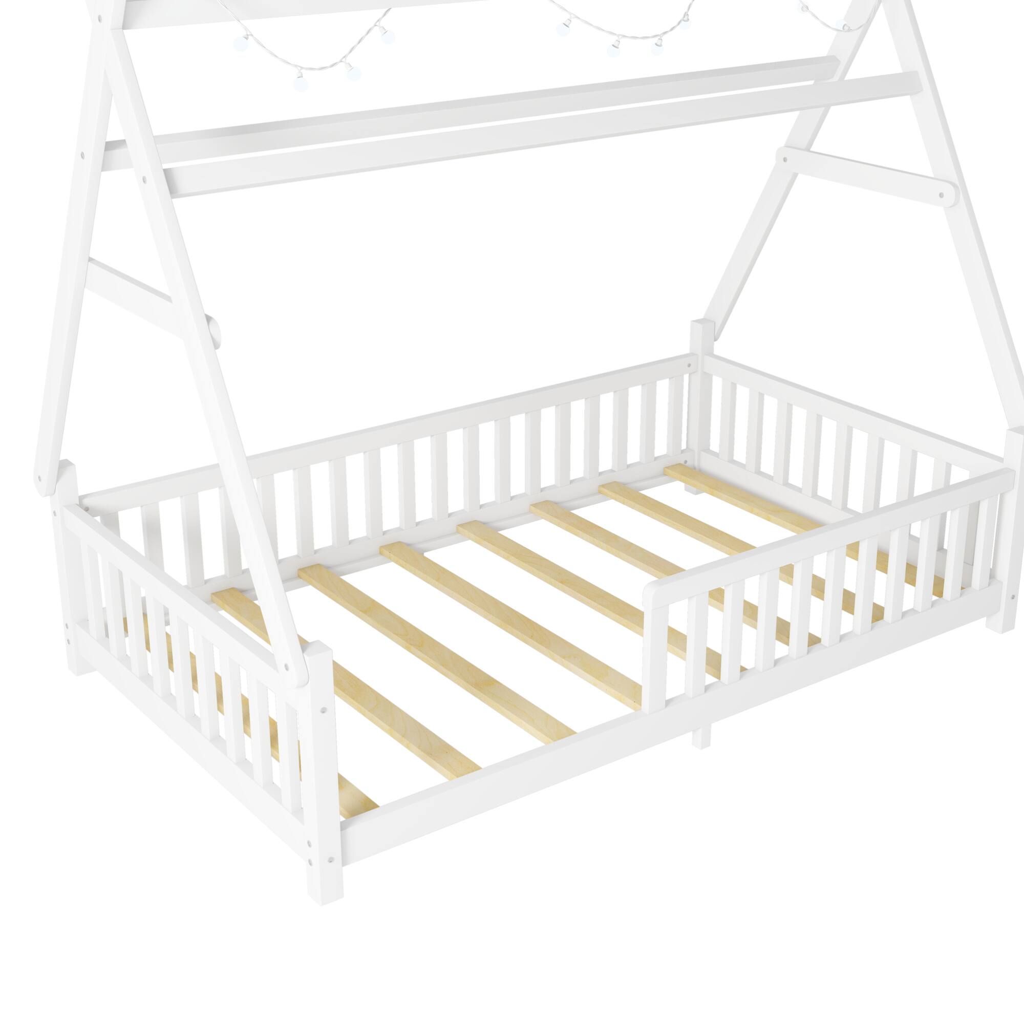 Alt View 8. GOODSILO - Charming Low Profile Twin House Bed with Removable Roof and Safety Fence for Children's Bedroom - White.