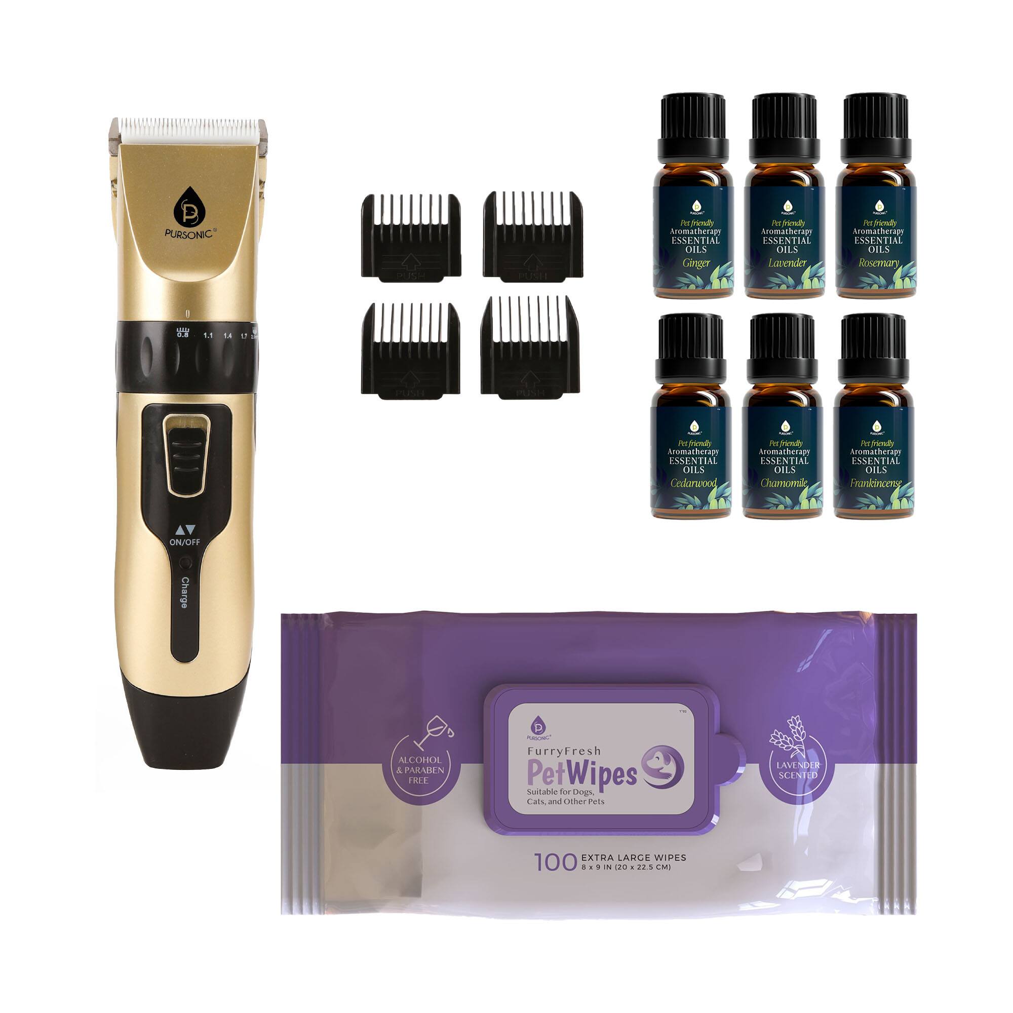 Pursonic - Pet Grooming Bundle – Rechargeable Hair Trimmer, 6-Pack Essential Oils & Lavender Wipes