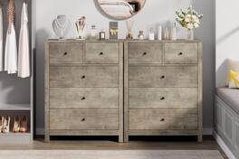 Qeetex - 5 Drawer Dresser for Bedroom, Tall Grey Chest with Deep Drawers and Metal Knobs, Wooden Organizer for Hallway - Gray