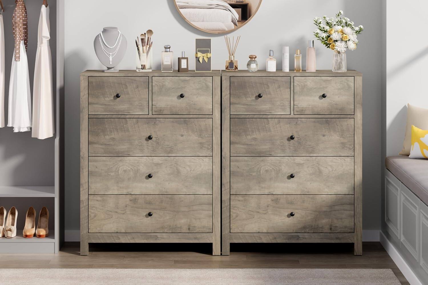Left. GARVEE - 5 Drawer Dresser for Bedroom, Tall Grey Chest with Deep Drawers and Metal Knobs, Wooden Organizer for Hallway - Grey.