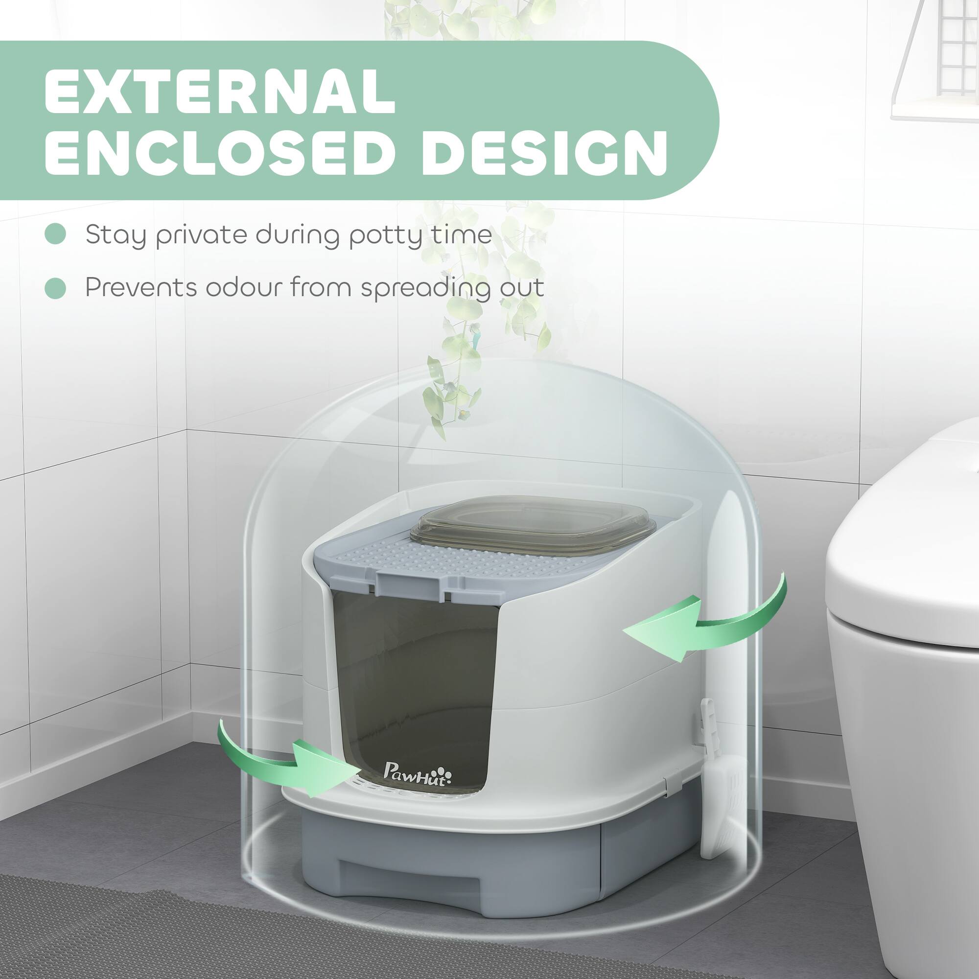 EXTERNAL ENCLOSED DESIGN

- Stay private during potty time
- Prevents odour from spreading out