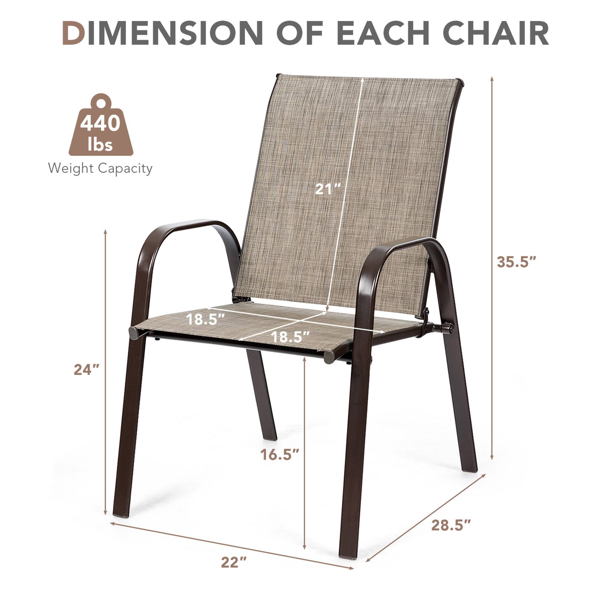 DIMENSION OF EACH CHAIR

440 lbs Weight Capacity

21"  
35.5"  
18.5"  
18.5"  
24"  
16.5"  
28.5"  
22"
