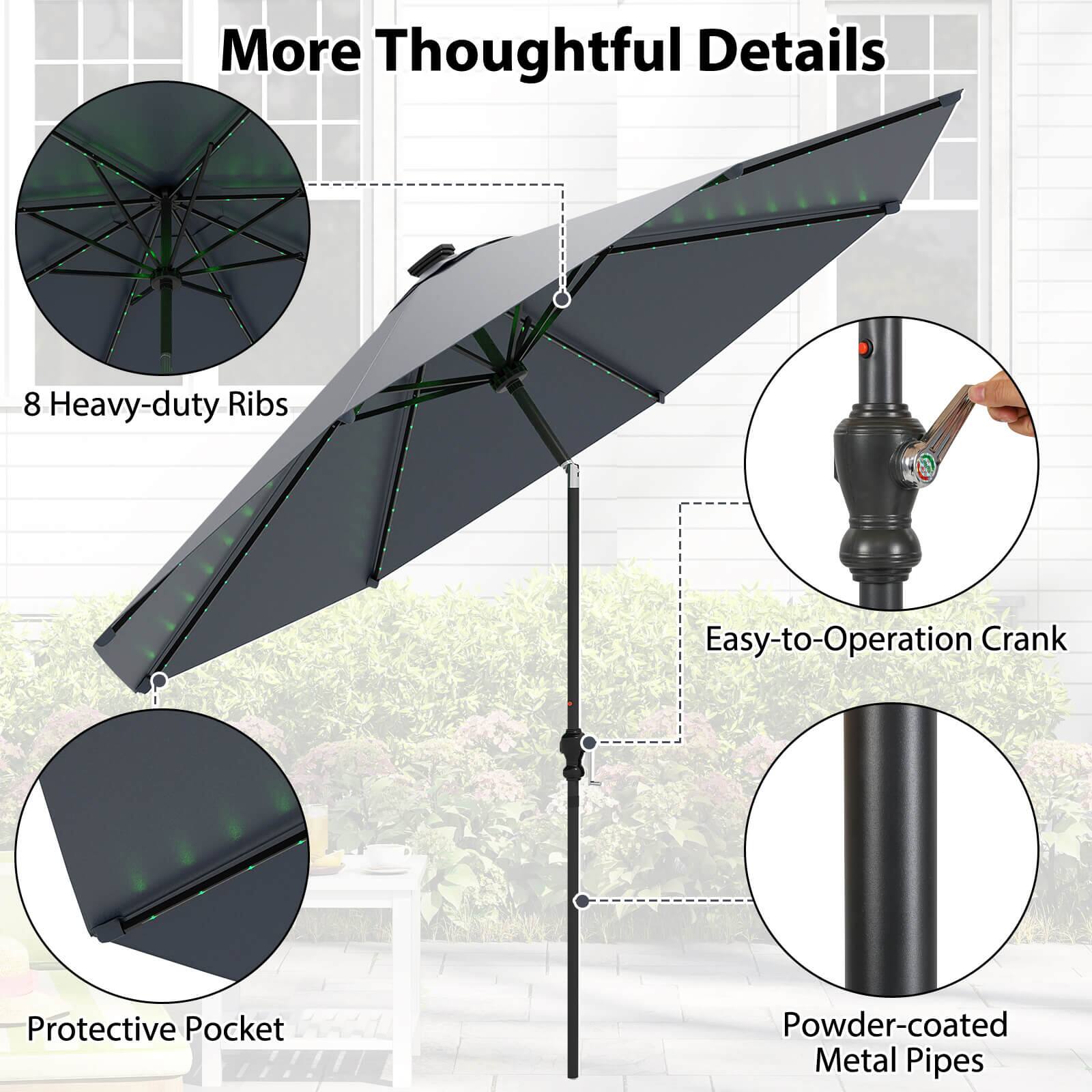 More Thoughtful Details

- 8 Heavy-duty Ribs
- Easy-to-Operation Crank
- Protective Pocket
- Powder-coated Metal Pipes