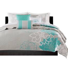 Gracie Mills - Glenda 6-Piece Reversible Cotton Printed Quilt Set with Throw Pillows - Aqua