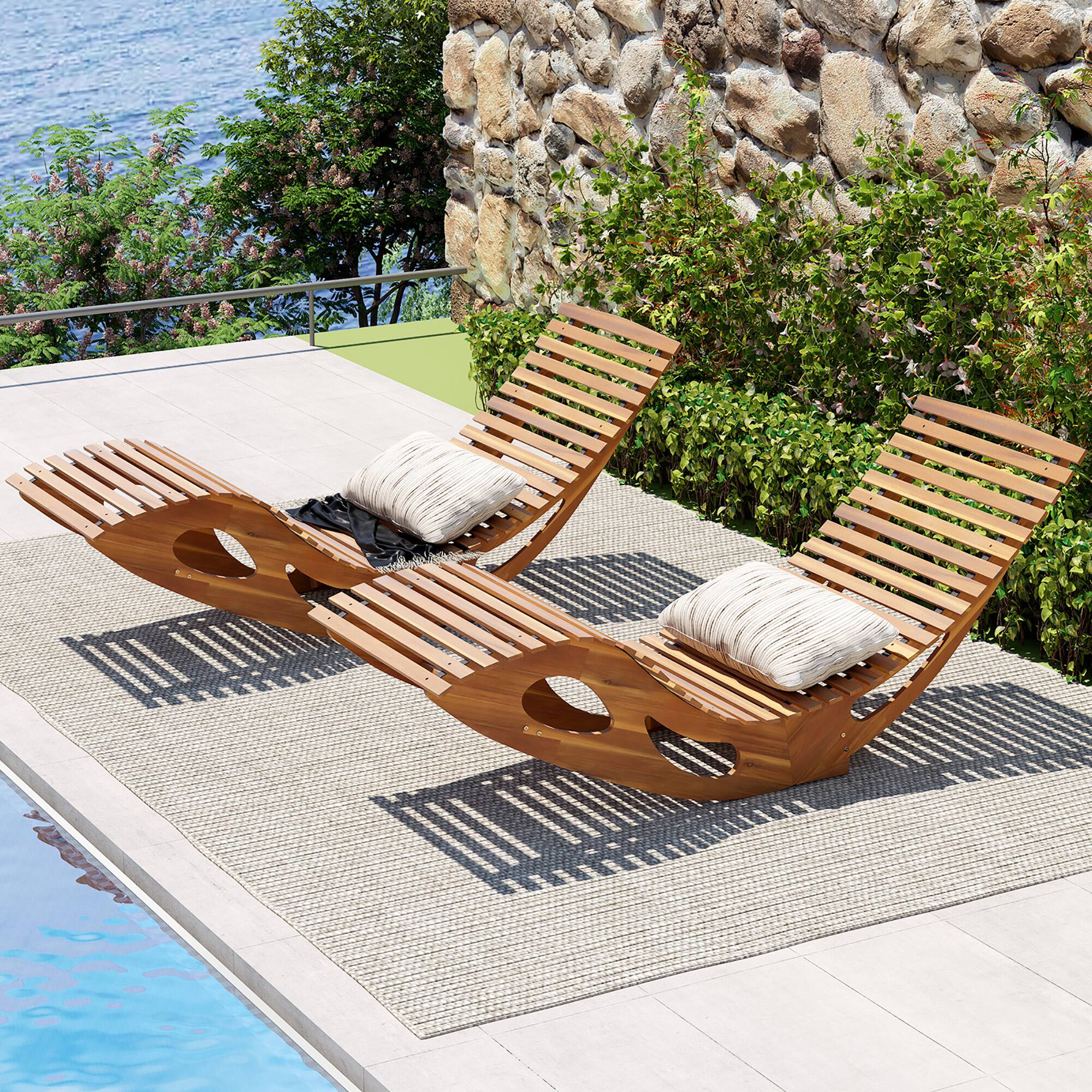 Alt View 1. Gymax - Gymax 2PCS Outdoor Chaise Lounge w/ High Back Slatted Seat Stopper Outside Wood Rocker - Natural.