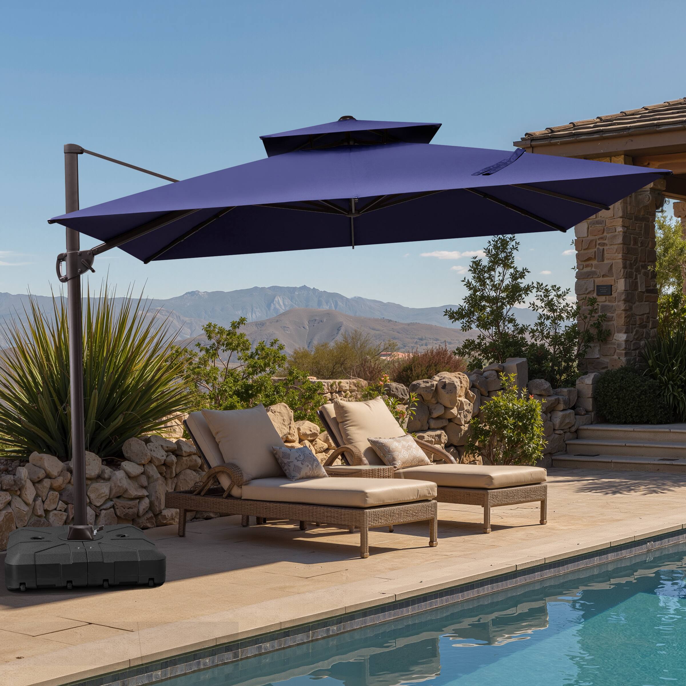 Alt View 2. Crestlive Products - Crestlive Products 10x10ft Aluminum Double Top Crank Cantilever Patio Umbrella with Base - Navy blue.