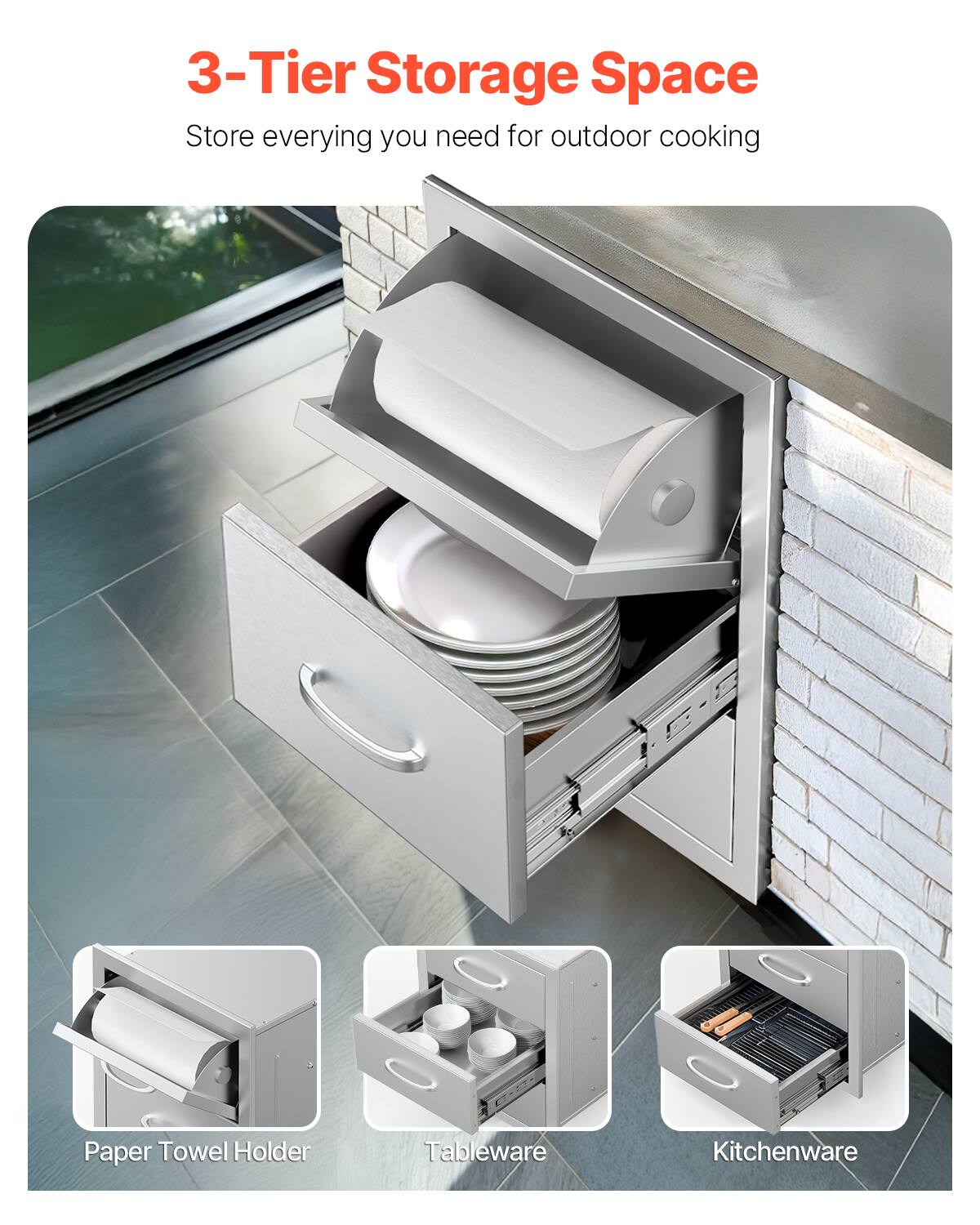 3-Tier Storage Space  
Store everything you need for outdoor cooking  

Paper Towel Holder  
Tableware  
Kitchenware